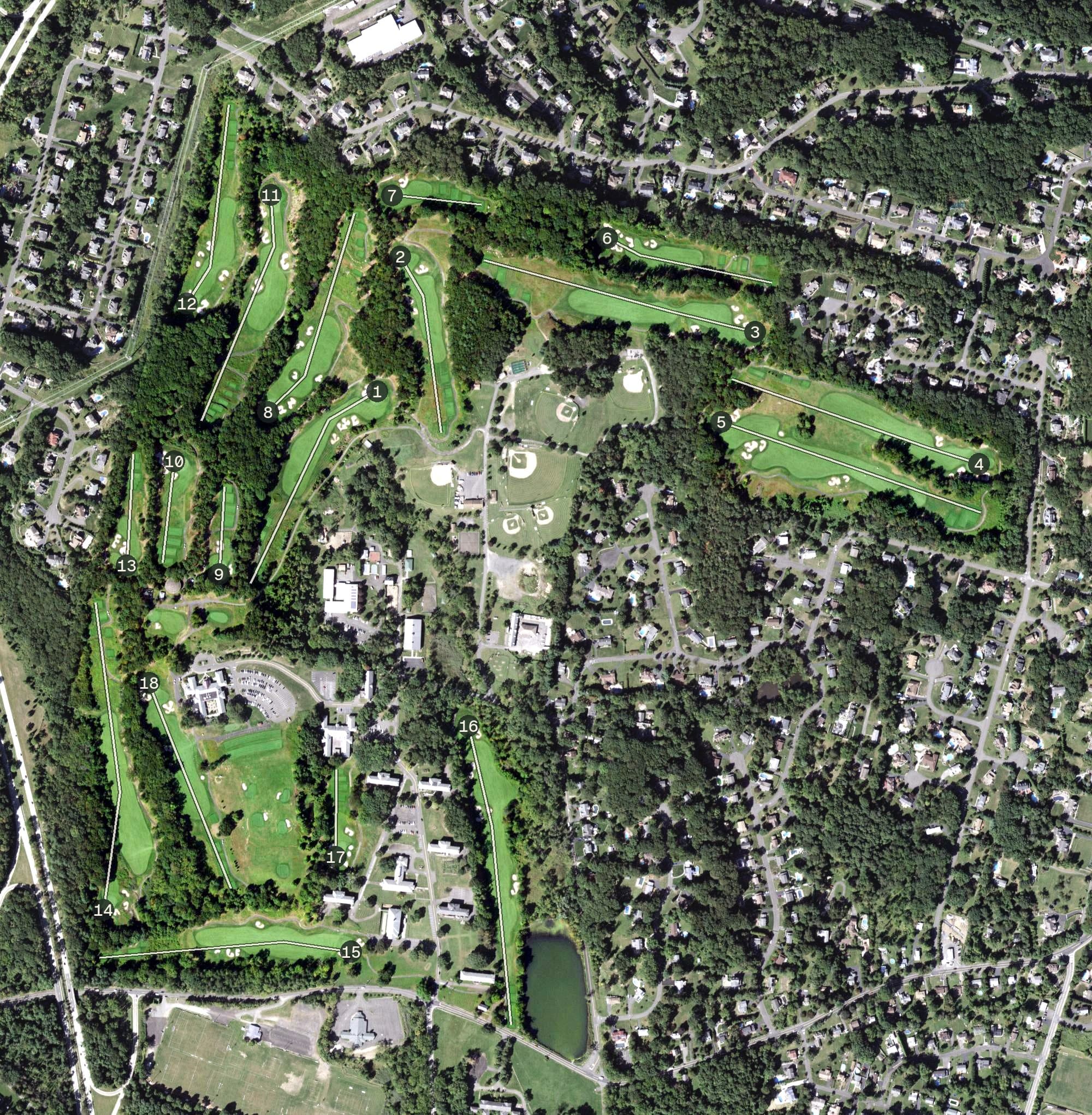 Aerial view of Patriot Hills Golf Club, NY, with its hole routing marked