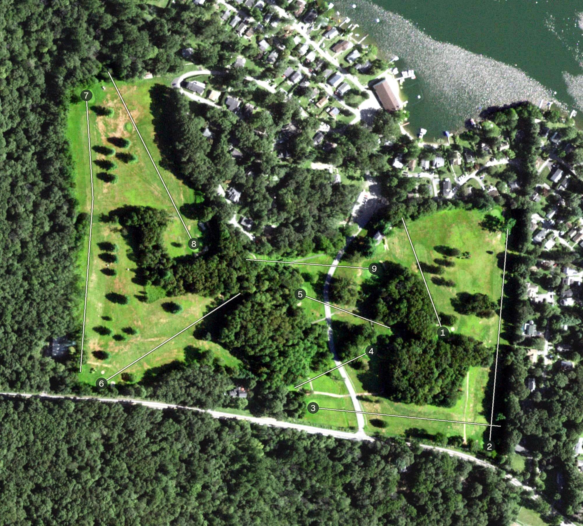 Aerial view of Pehquenakonck Country Club, NY, with its hole routing marked