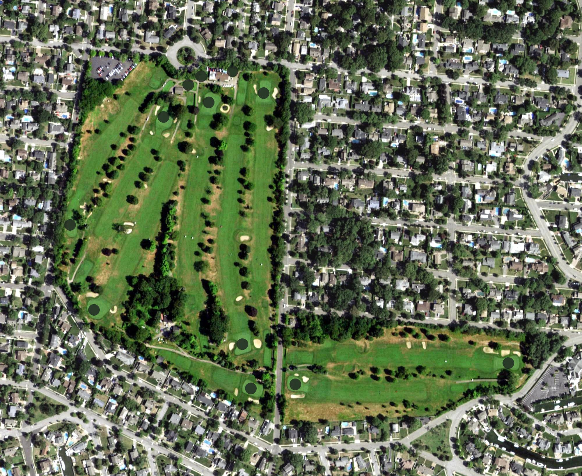 Aerial view of Peninsula Golf Club, NY, with its hole routing marked