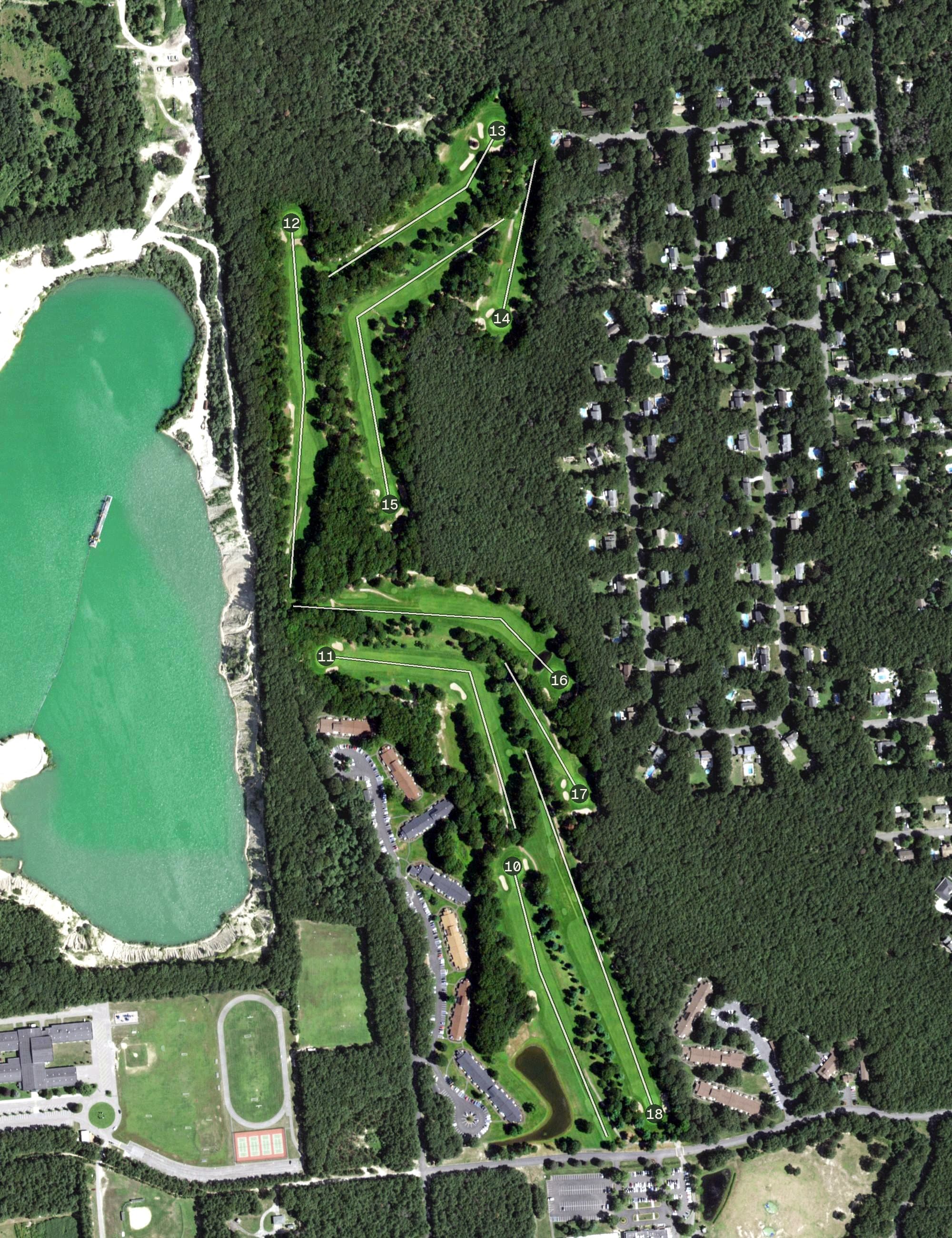 Aerial view of Pine Hills Country Club, NY, with its hole routing marked