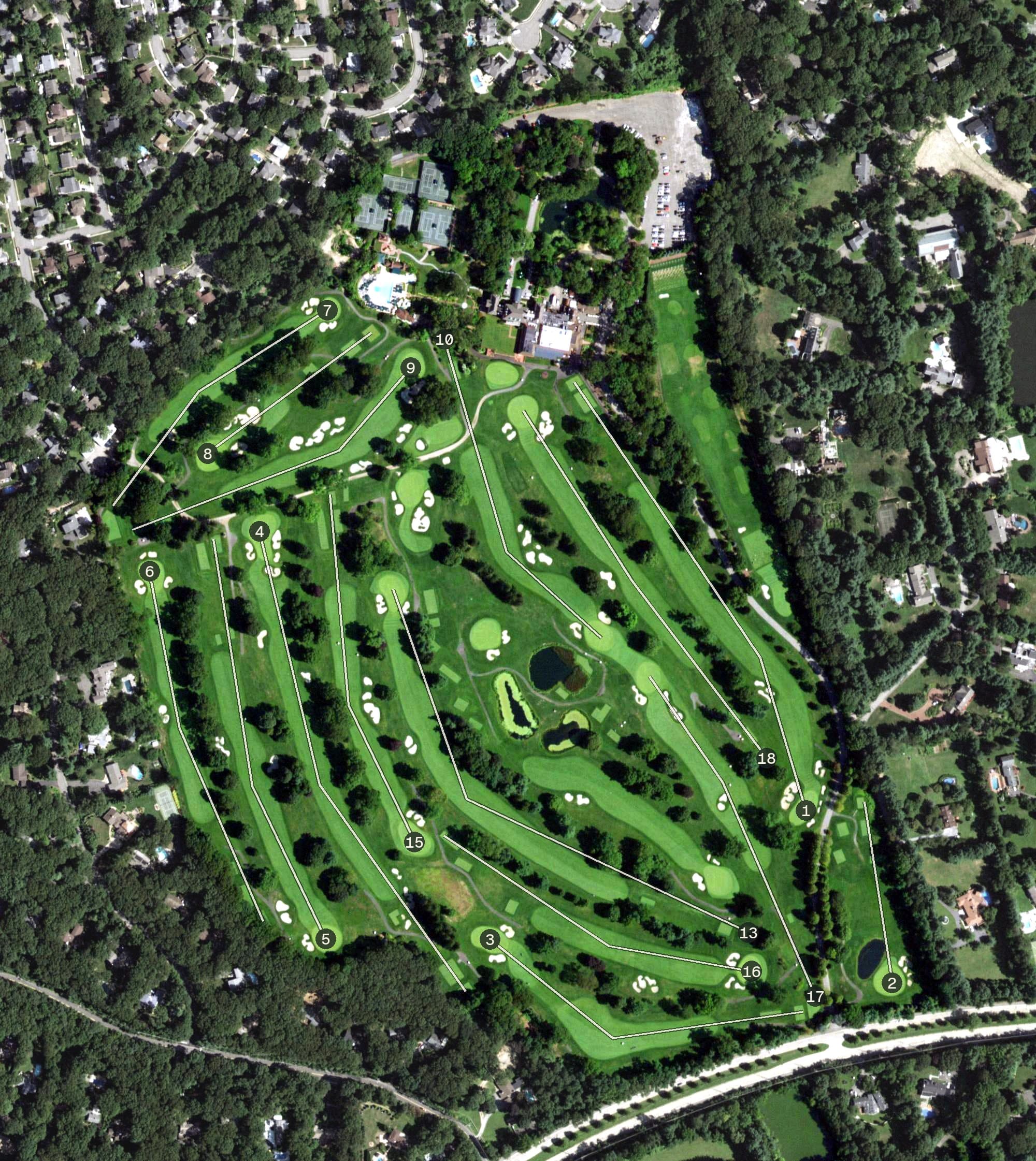 Aerial view of Pine Hollow Country Club, NY, with its hole routing marked