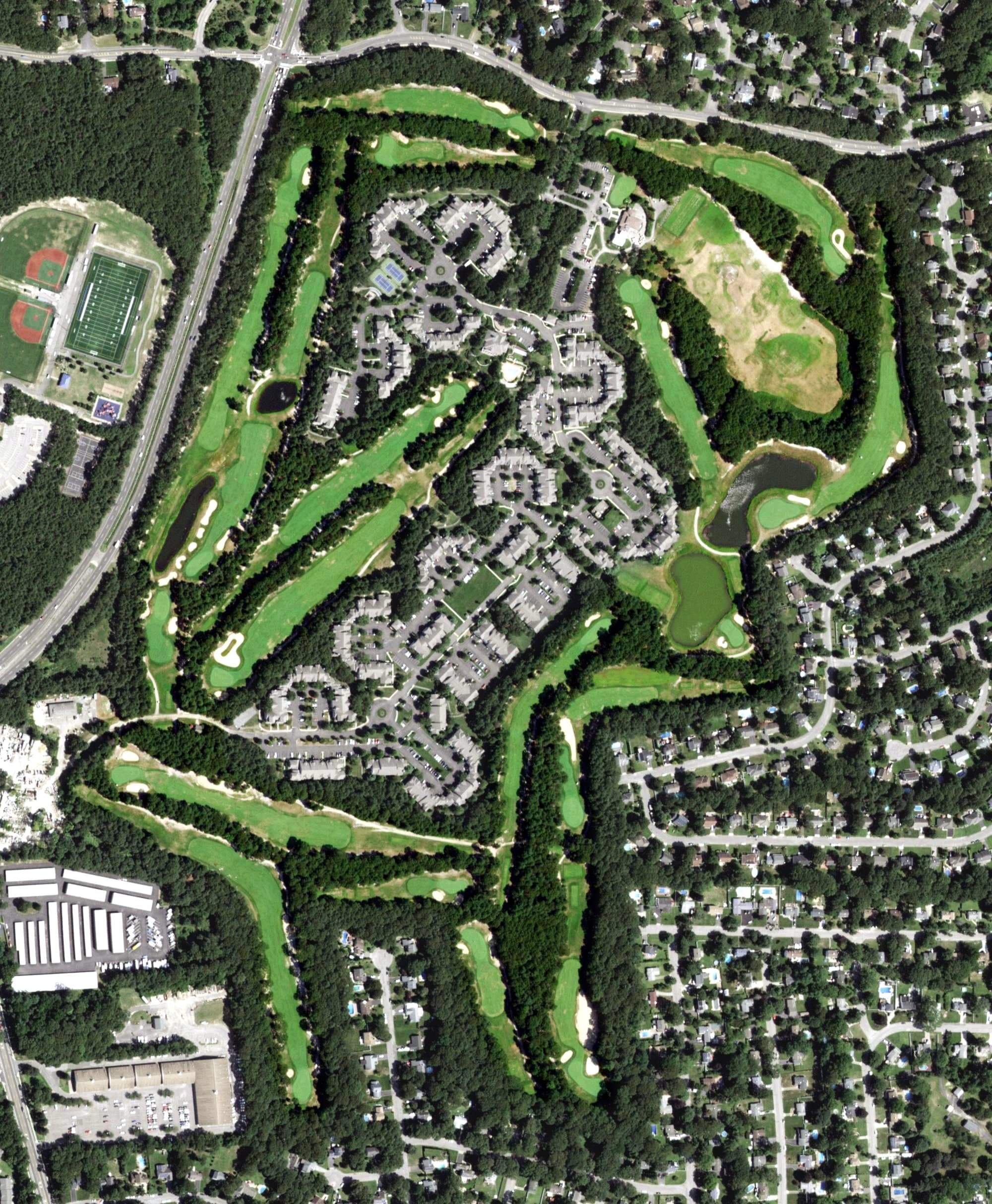 Aerial view of Pine Ridge Golf Club, NY, with its hole routing marked
