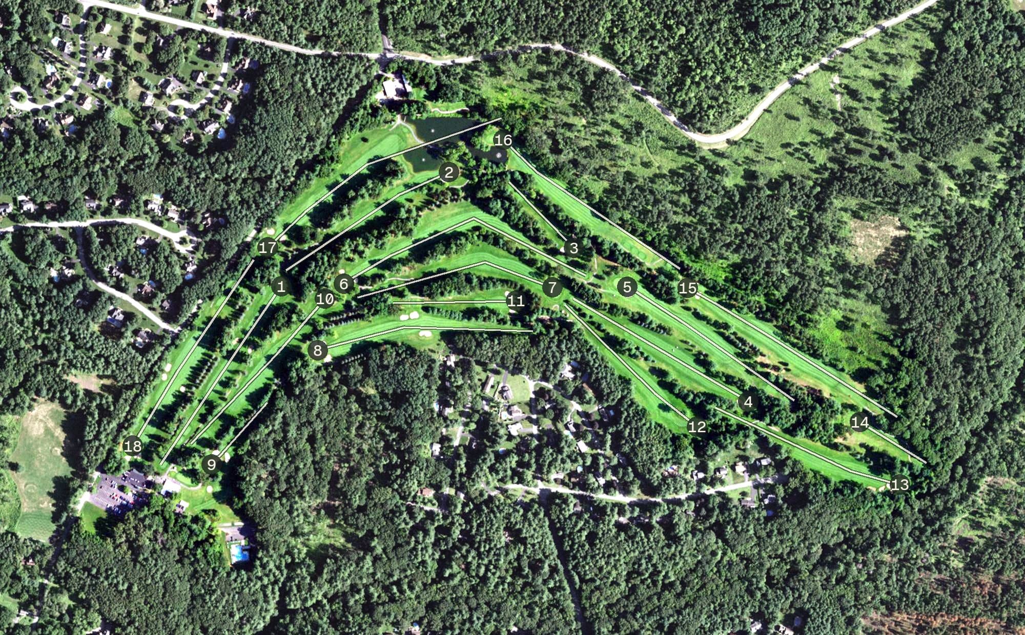 Aerial view of Pinehaven Country Club, NY, with its hole routing marked