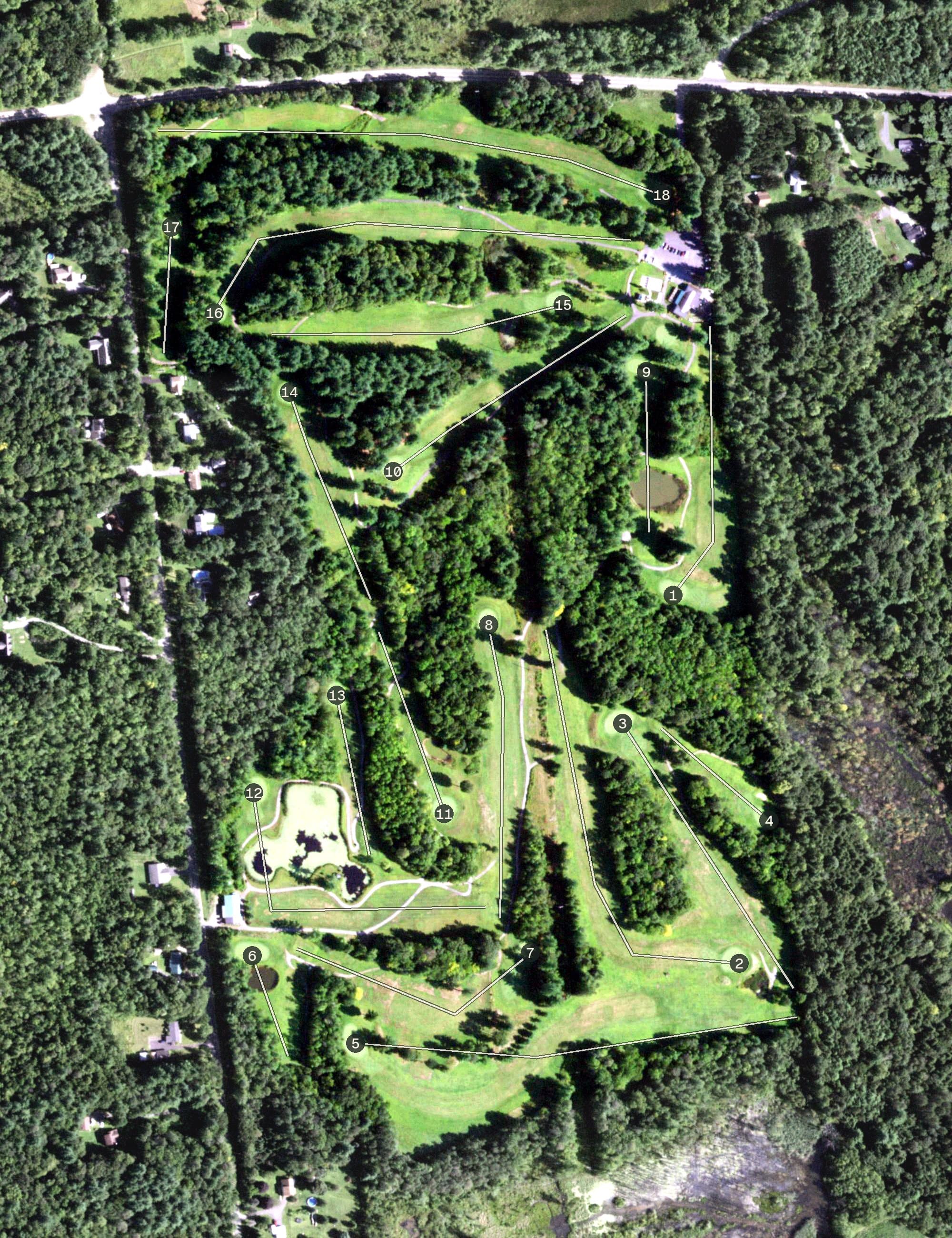 Aerial view of Pioneer Hills Golf Course, NY, with its hole routing marked
