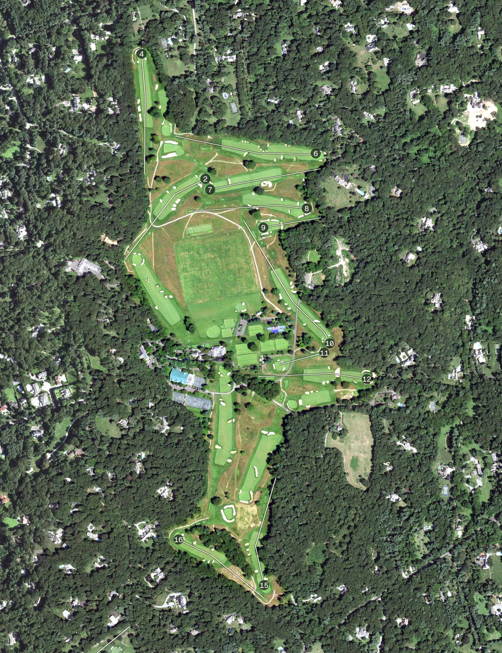Aerial view of Piping Rock Club, NY, with its hole routing marked