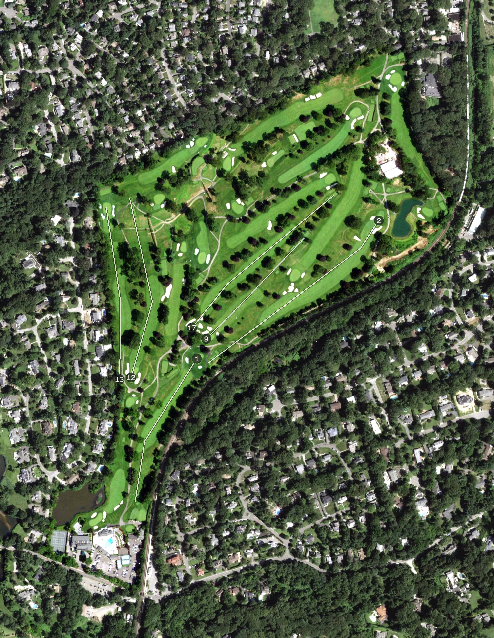 Aerial view of Plandome Country Club, NY, with its hole routing marked