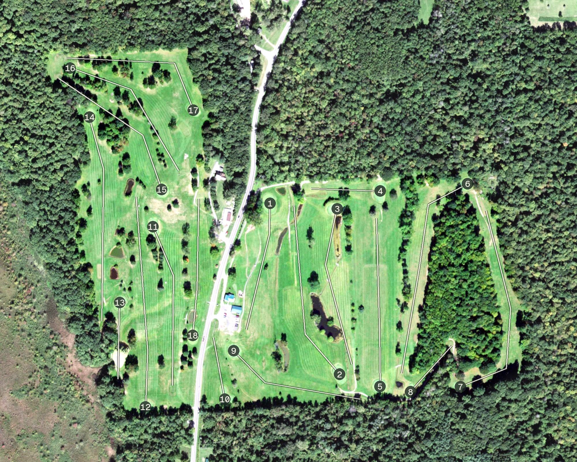 Aerial view of Port Bay Golf Course, NY, with its hole routing marked