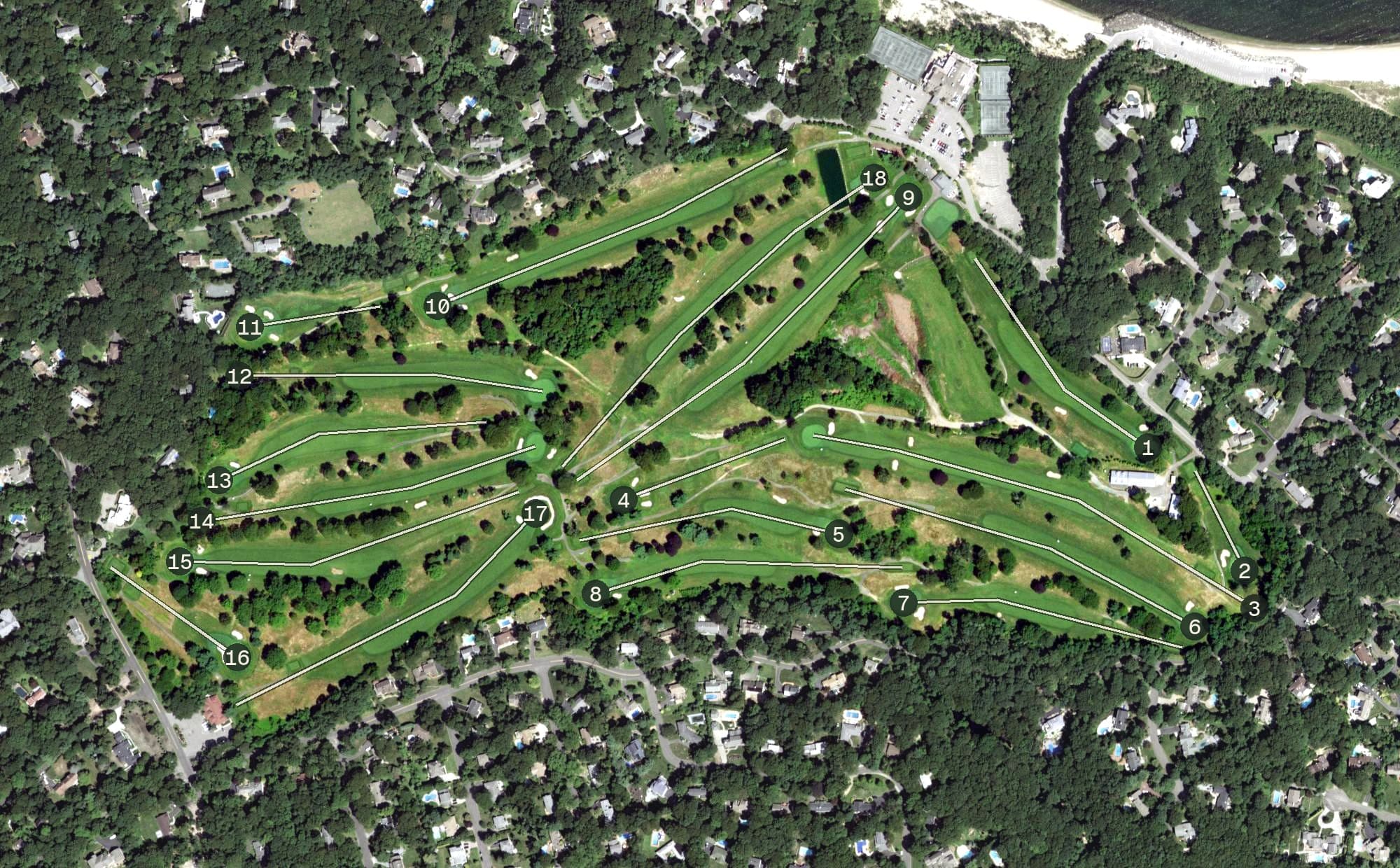 Aerial view of Port Jefferson Country Club, NY, with its hole routing marked