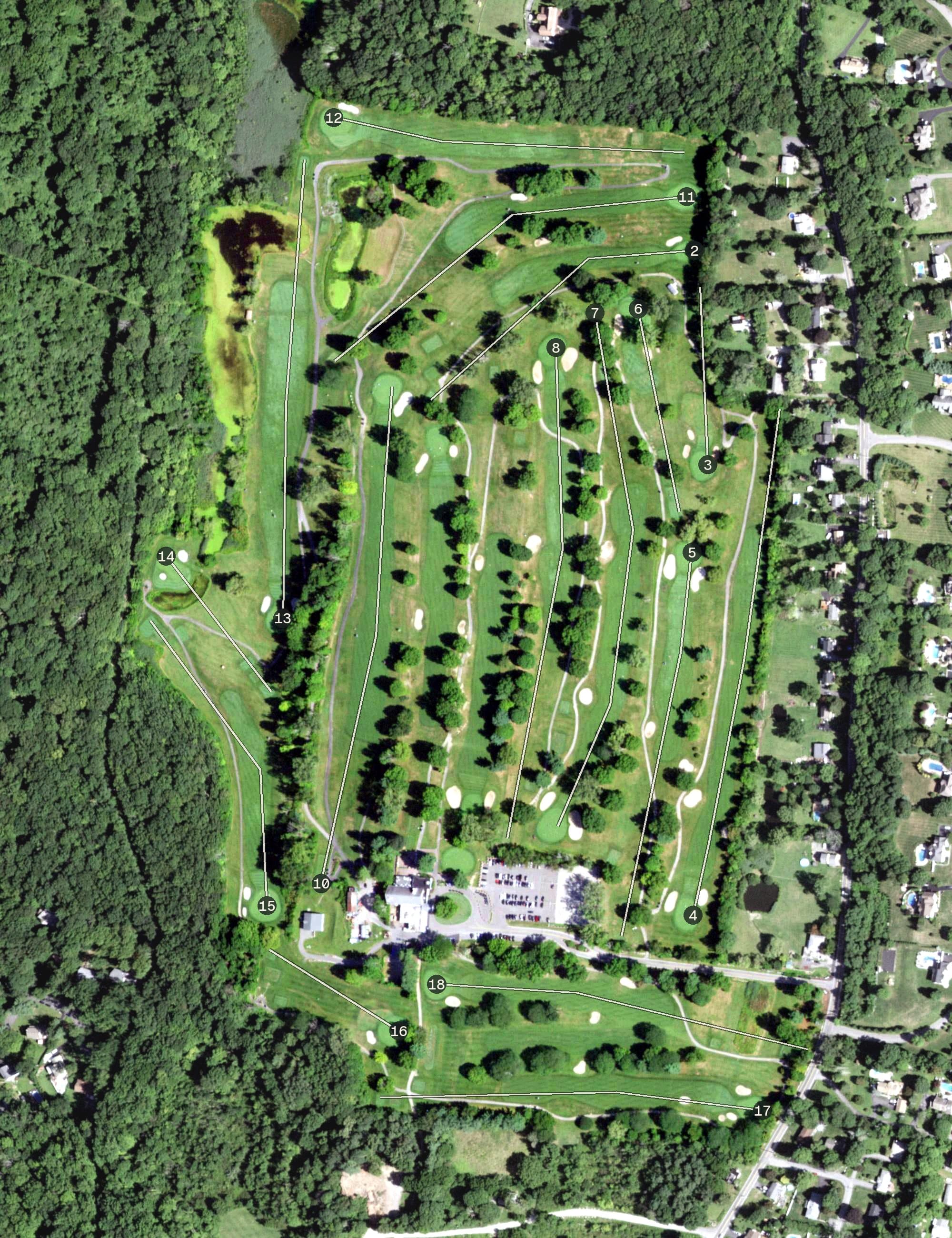 Aerial view of Putnam County Golf Course, NY, with its hole routing marked