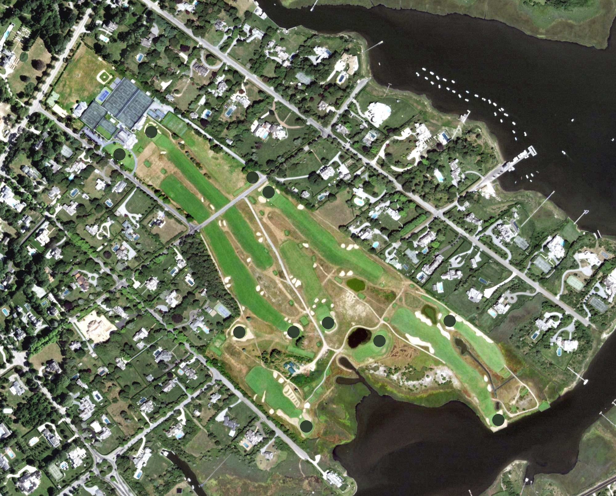 Aerial view of Quogue Field Club, NY, with its hole routing marked