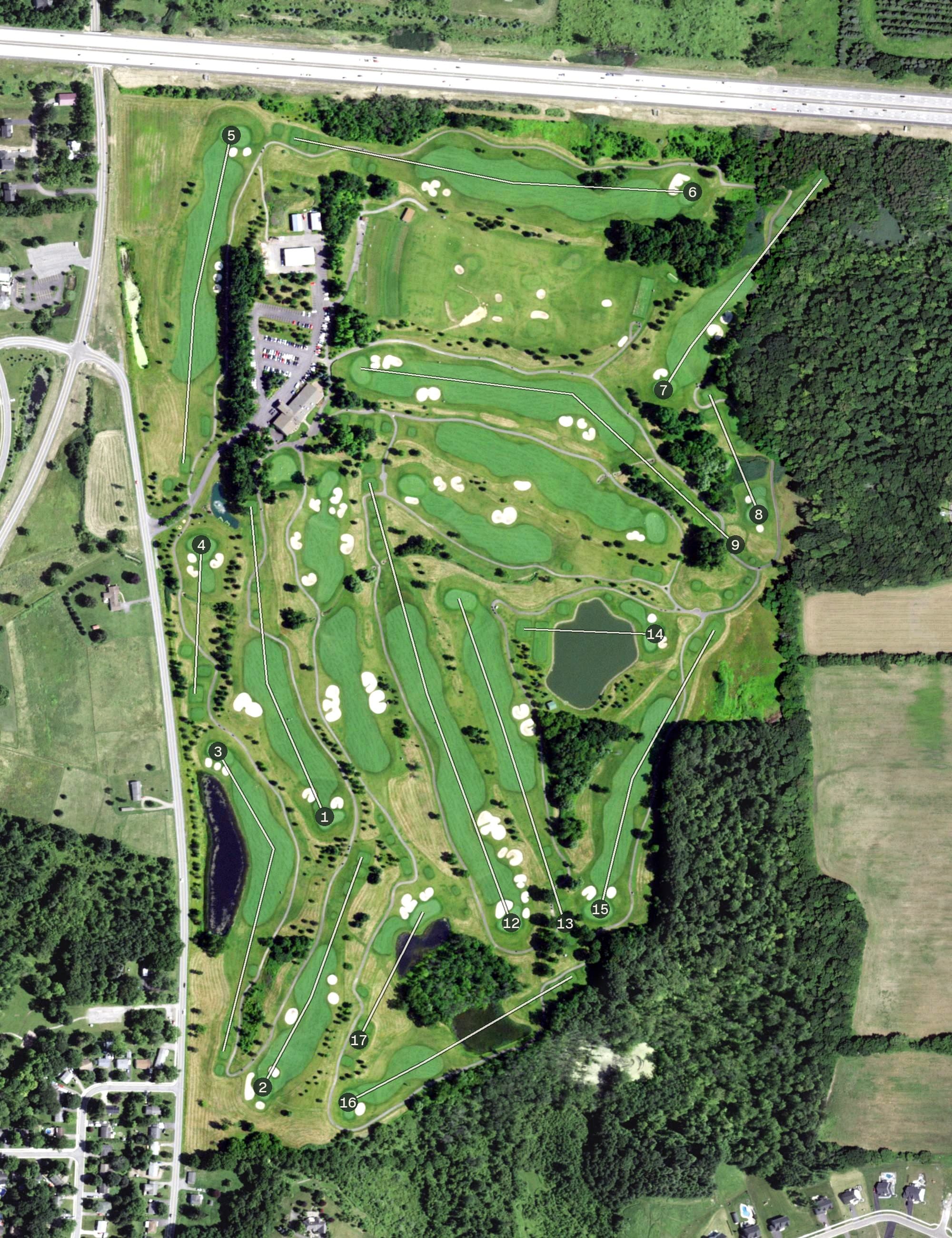 Aerial view of Ravenwood Golf Club, NY, with its hole routing marked