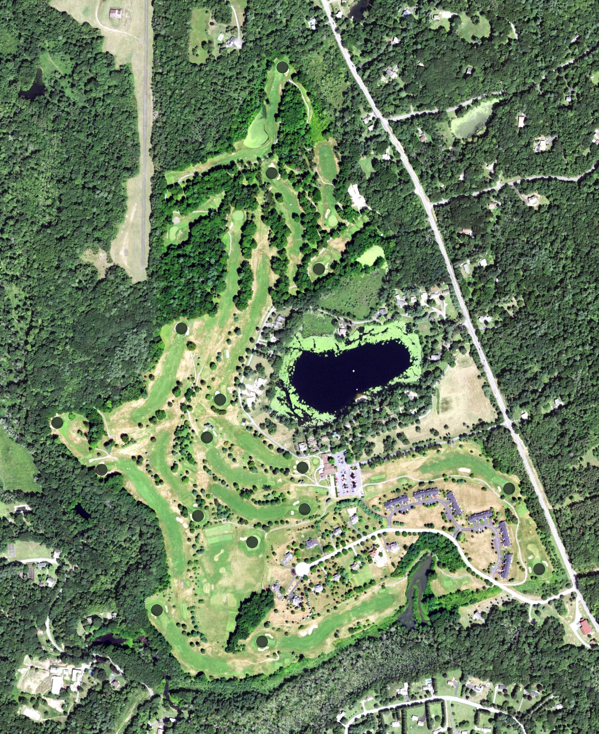 Aerial view of Red Hook Golf Club, NY, with its hole routing marked