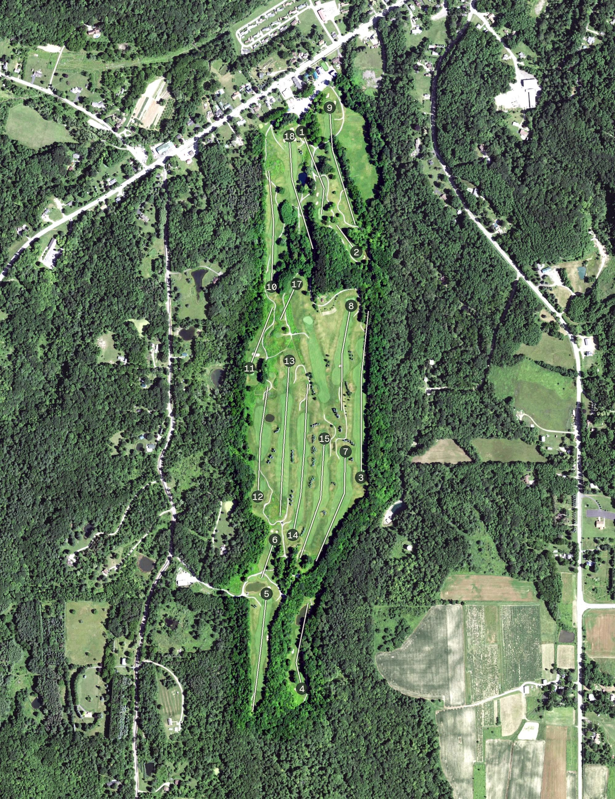 Aerial view of Reservoir Creek Golf Club, NY, with its hole routing marked