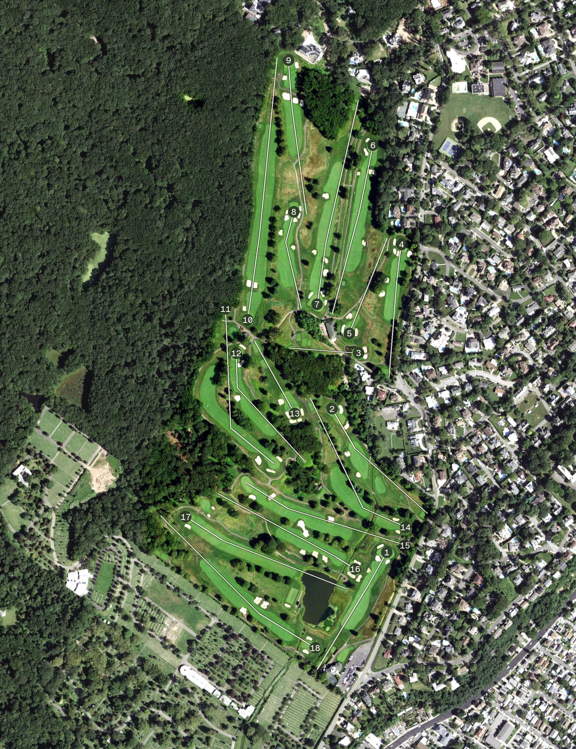 Aerial view of Richmond County Country Club, NY, with its hole routing marked