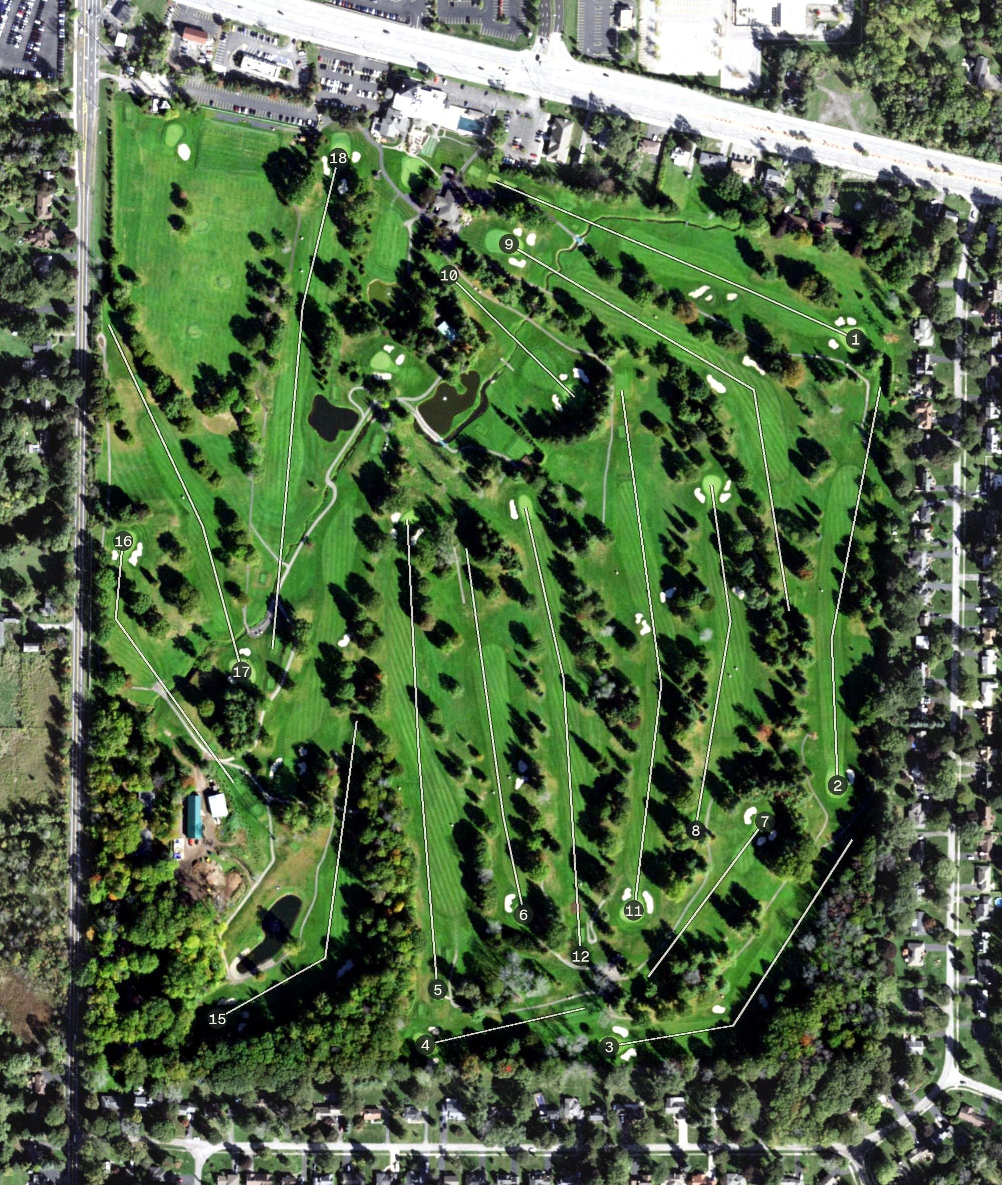 Aerial view of Ridgemont Country Club, NY, with its hole routing marked
