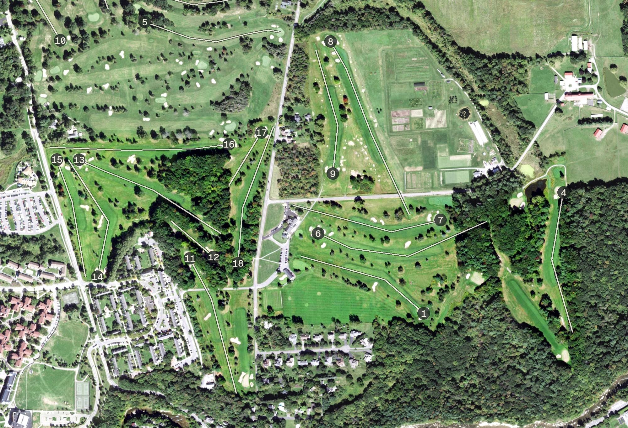 Aerial view of Robert Trent Jones Golf Course, NY, with its hole routing marked