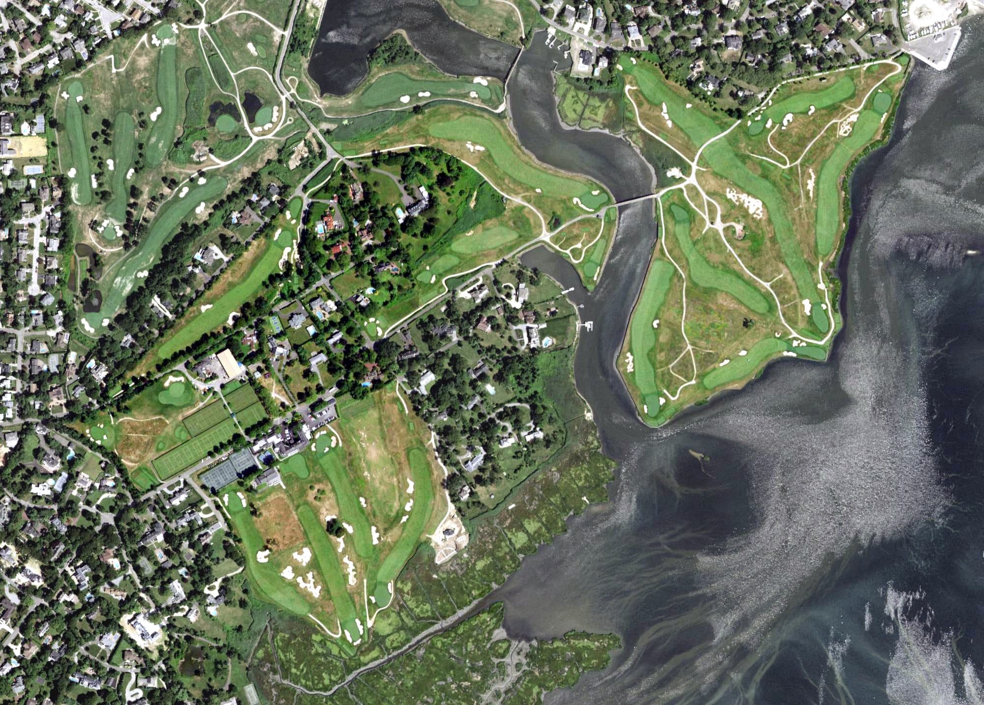 Aerial view of Rockaway Hunting Club, NY, with its hole routing marked