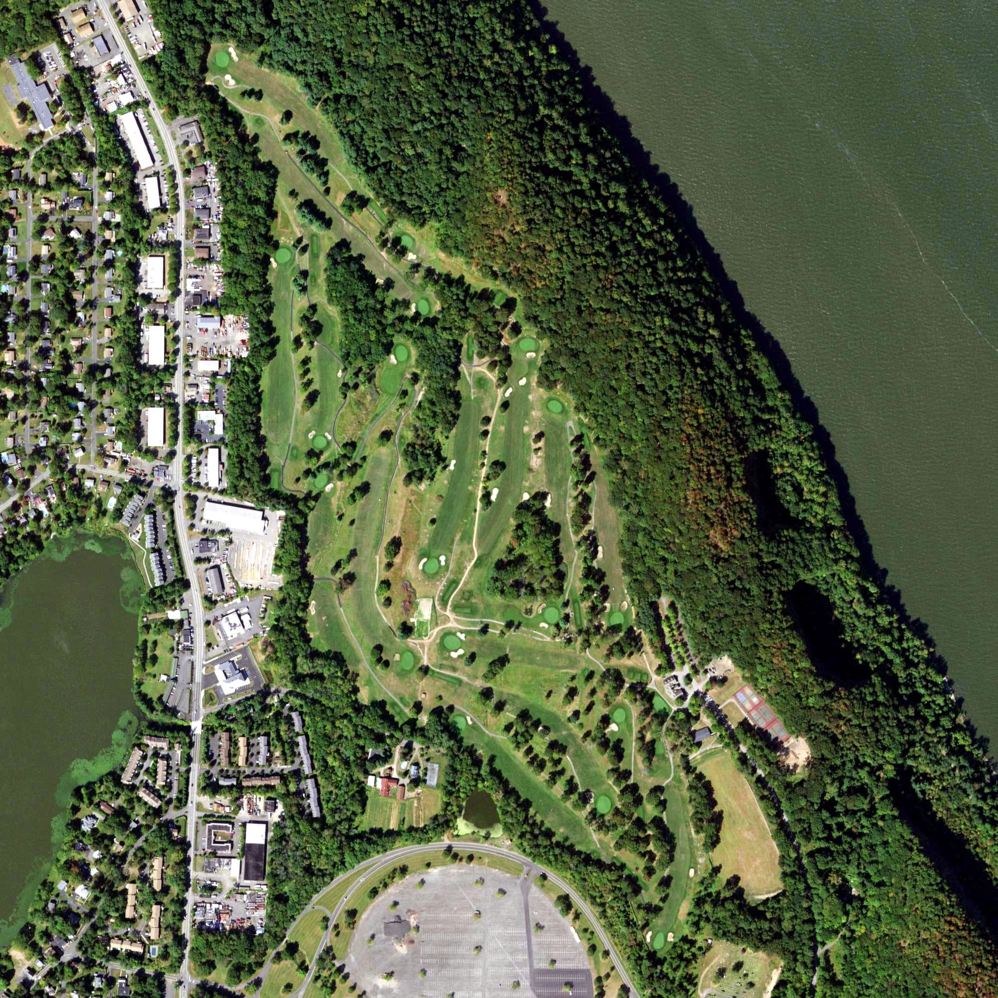 Aerial view of Rockland Lake Championship Golf Course, NY, with its hole routing marked