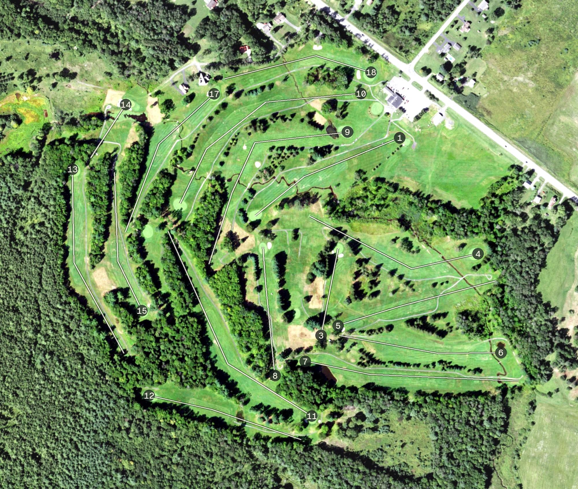 Aerial view of Rome Country Club, NY, with its hole routing marked