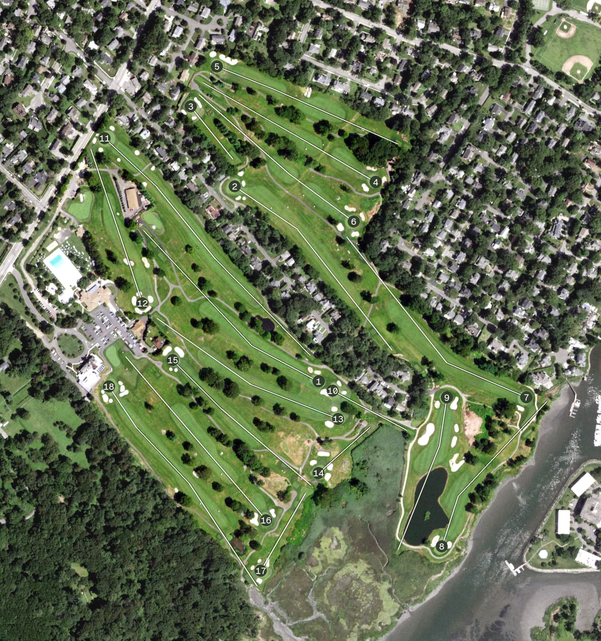 Aerial view of Rye Golf Club, NY, with its hole routing marked