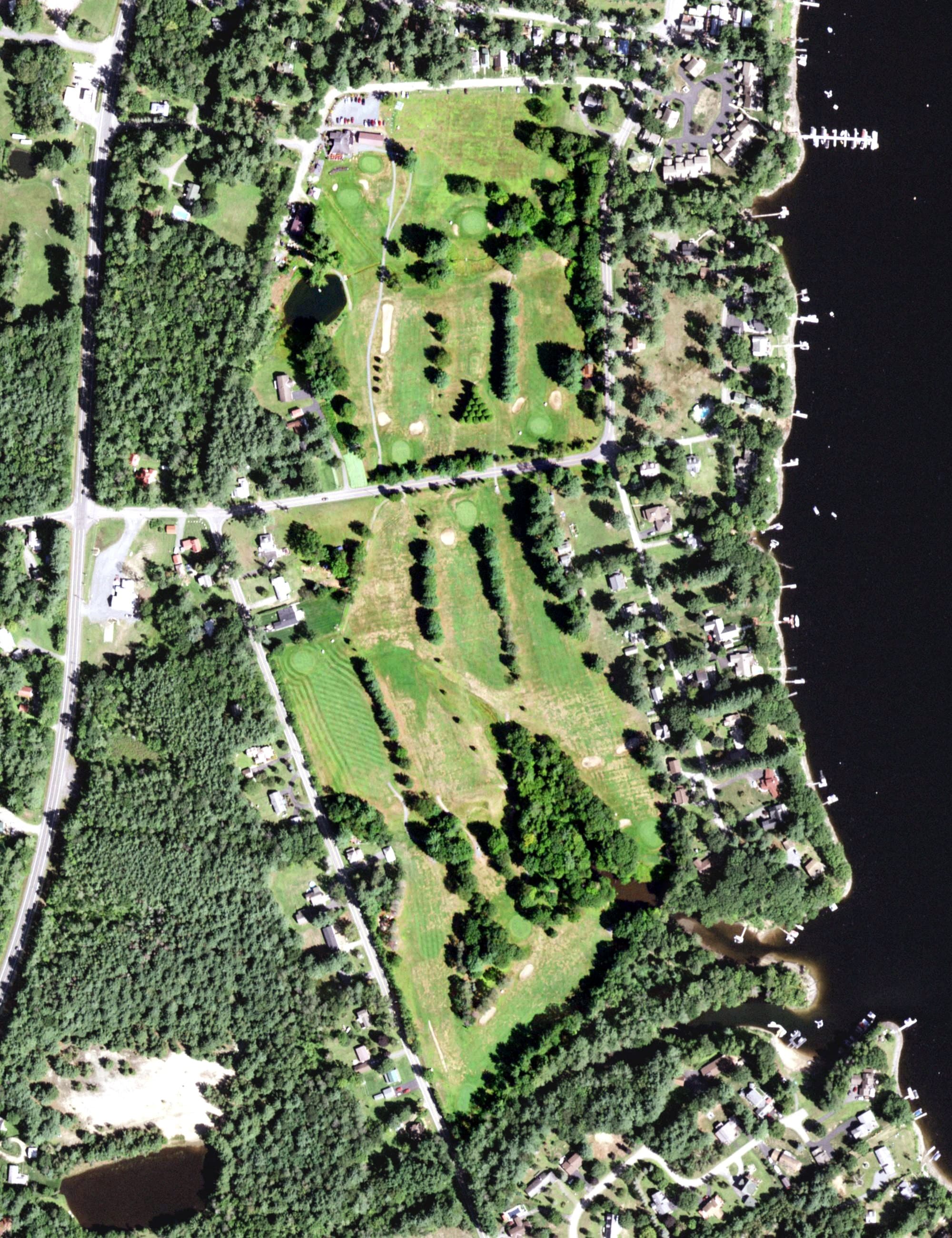 Aerial view of Sacandaga Golf Course, NY, with its hole routing marked