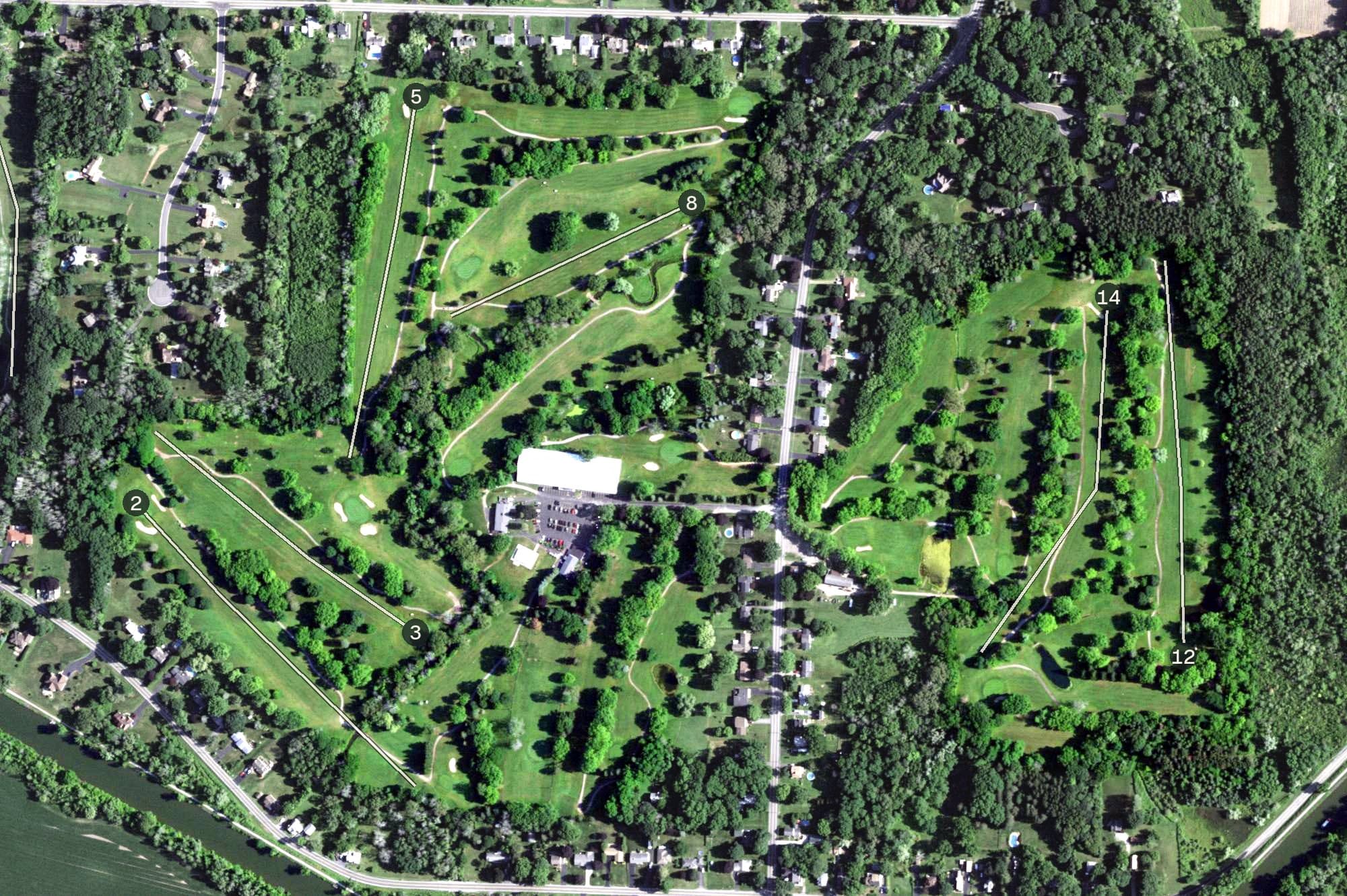 Aerial view of Salmon Creek Country Club, NY, with its hole routing marked