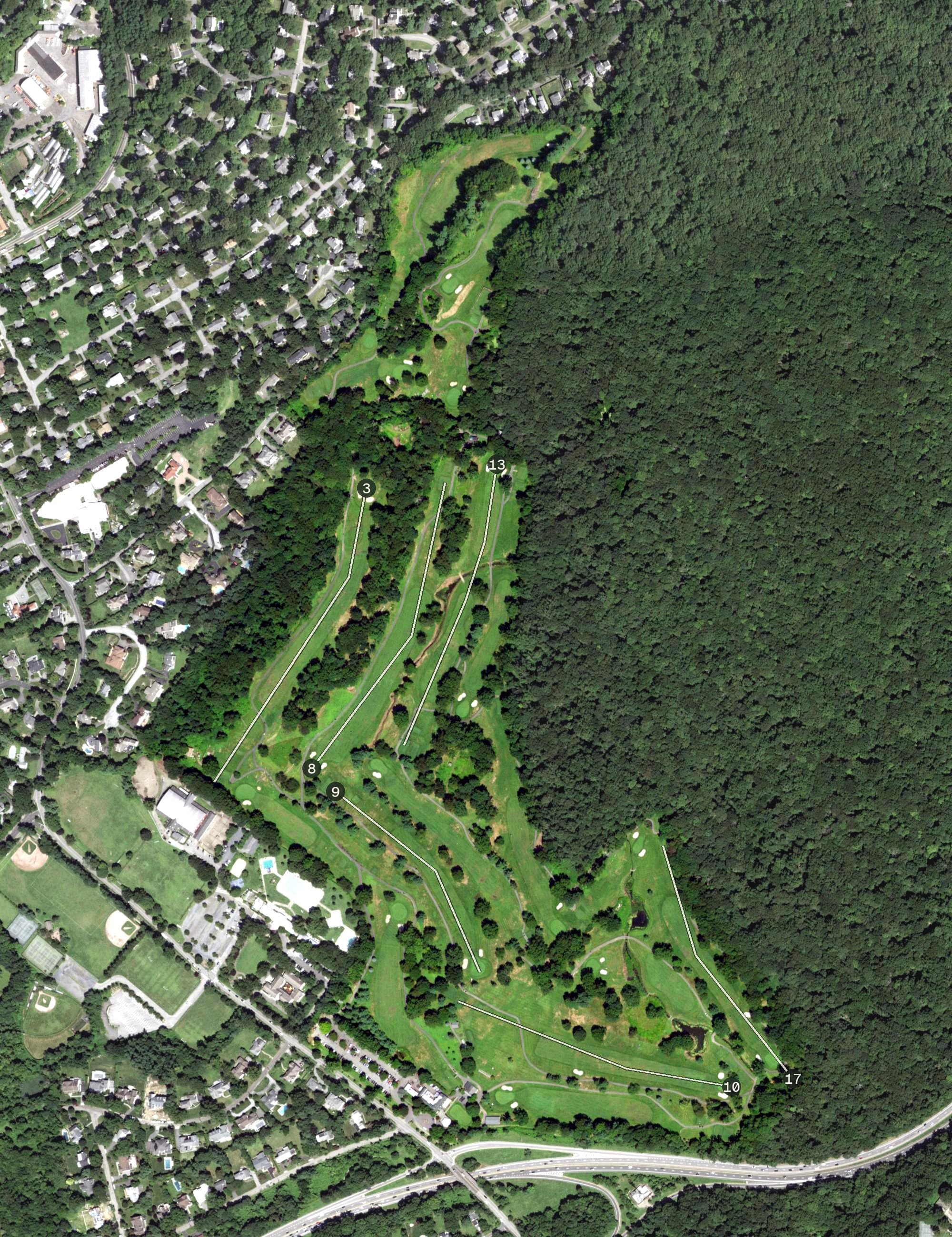 Aerial view of Saxon Woods Golf Course, NY, with its hole routing marked