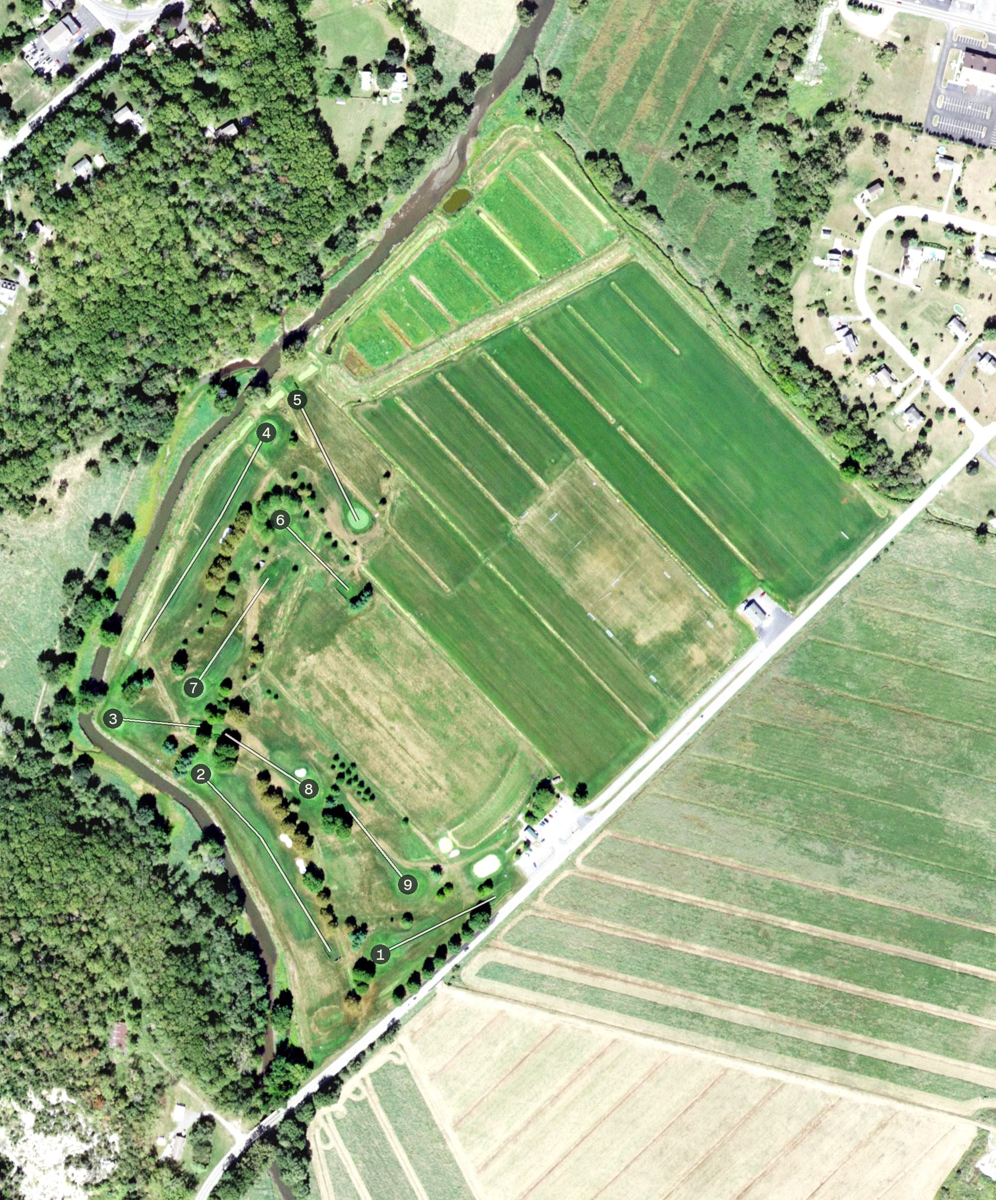 Aerial view of Scenic Farms Golf Course, NY, with its hole routing marked