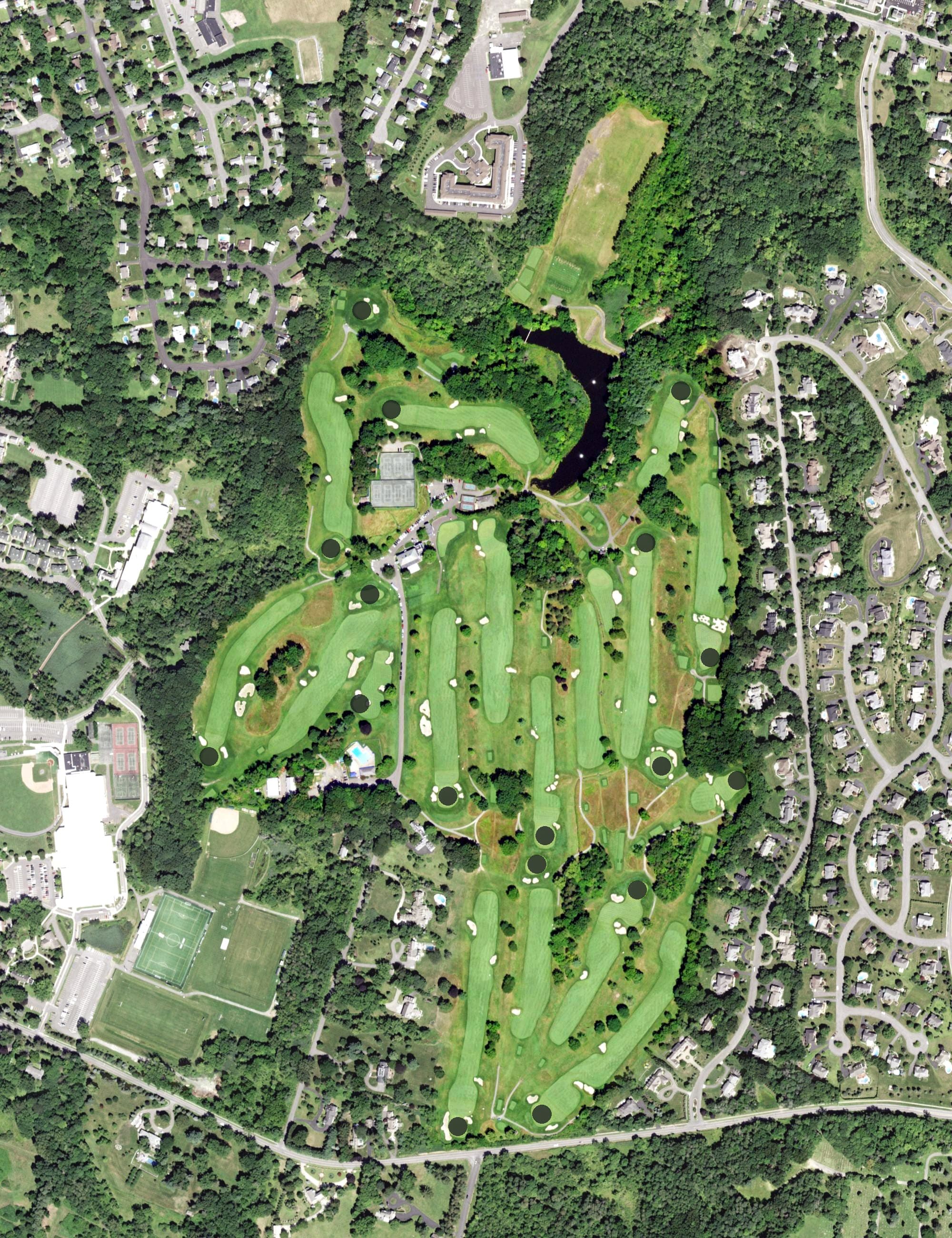 Aerial view of Schuyler Meadows Club, NY, with its hole routing marked