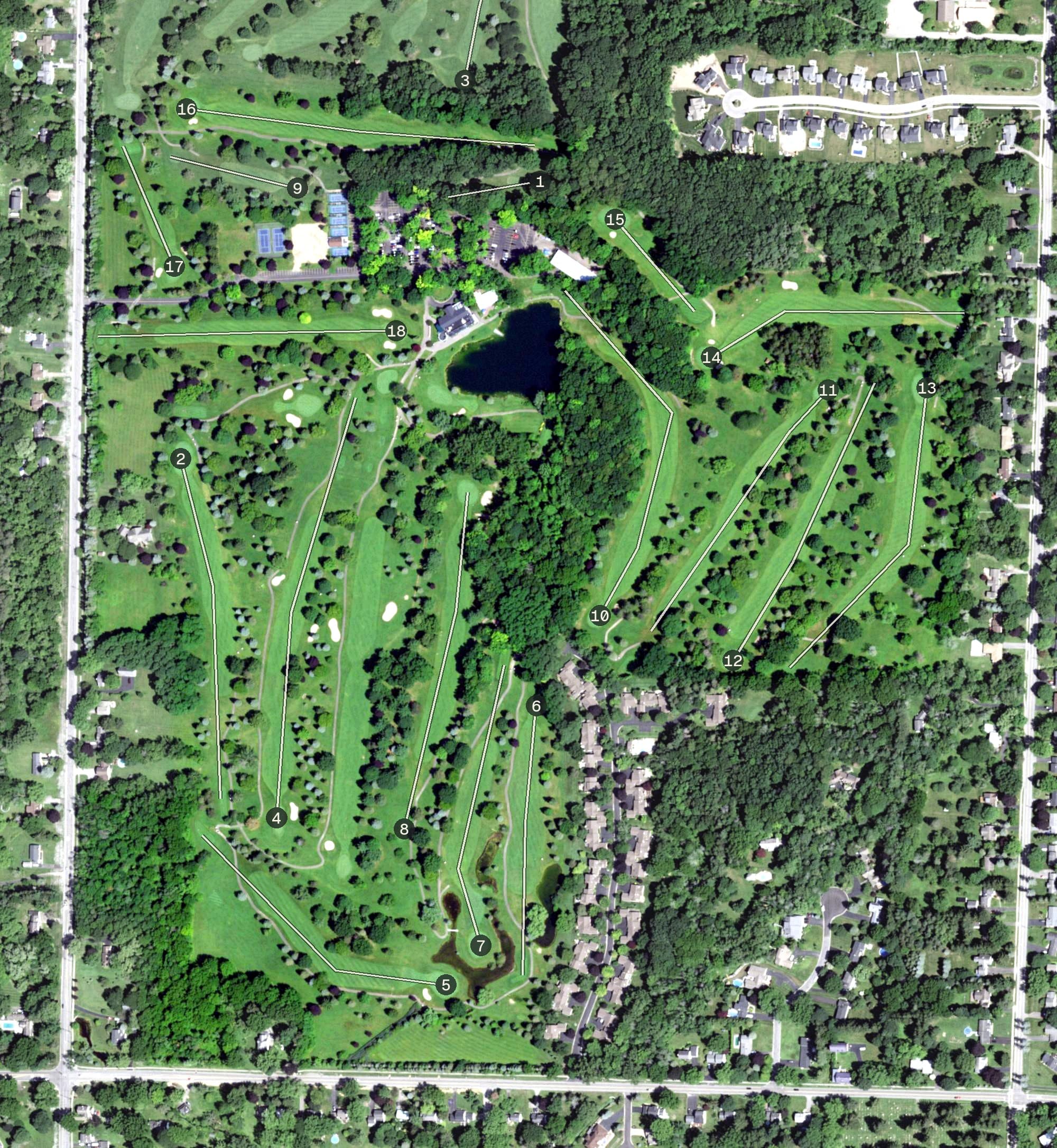 Aerial view of Shadow Lake Championship Golf Course, NY, with its hole routing marked