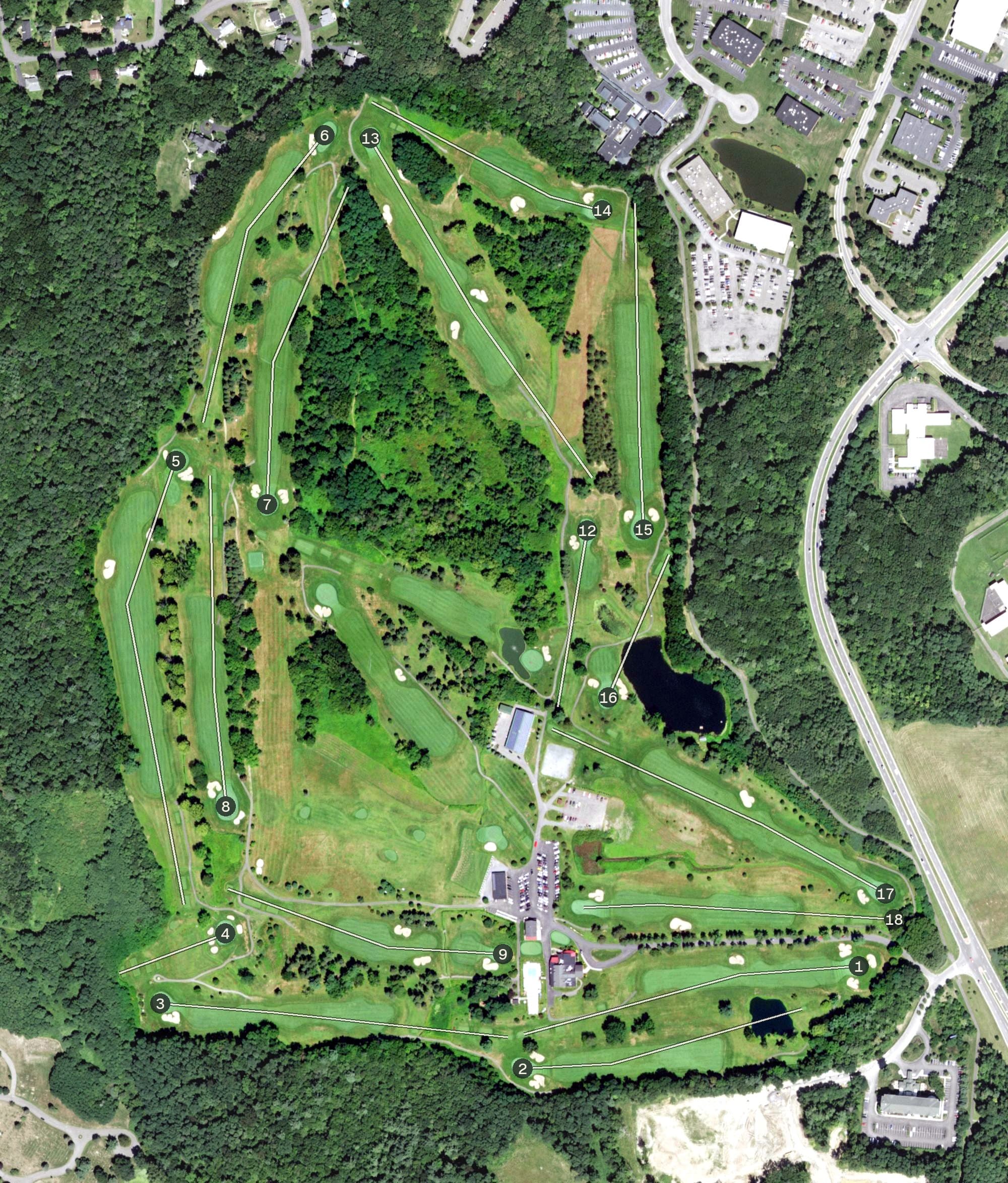 Aerial view of Shaker Ridge Country Club, NY, with its hole routing marked