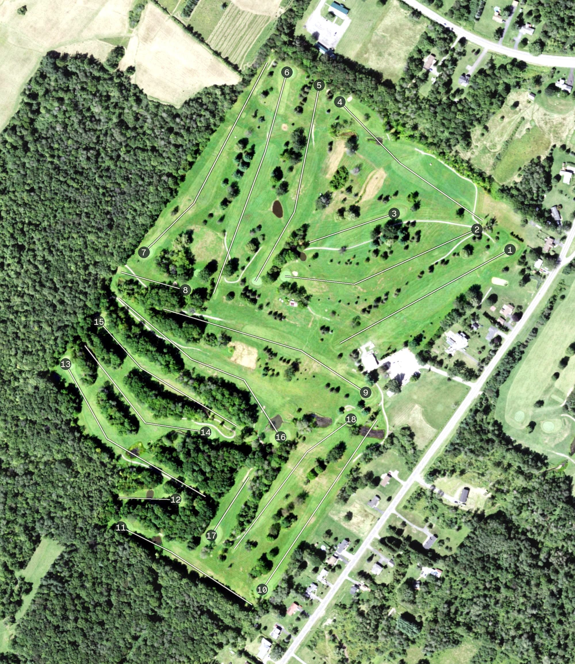 Aerial view of Shamrock Golf & Country Club, NY, with its hole routing marked