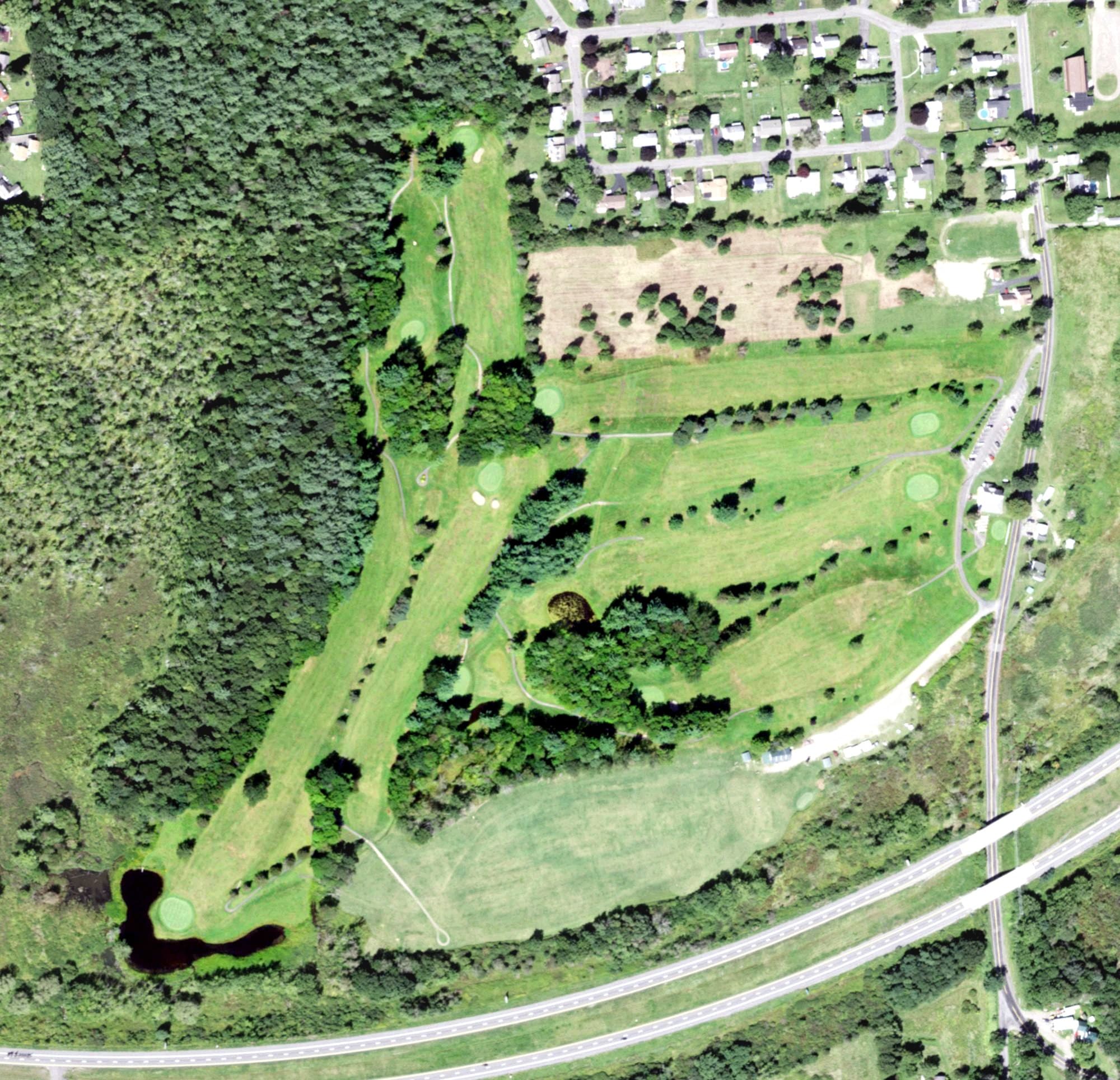 Aerial view of Sidney Golf & Country Club, NY, with its hole routing marked