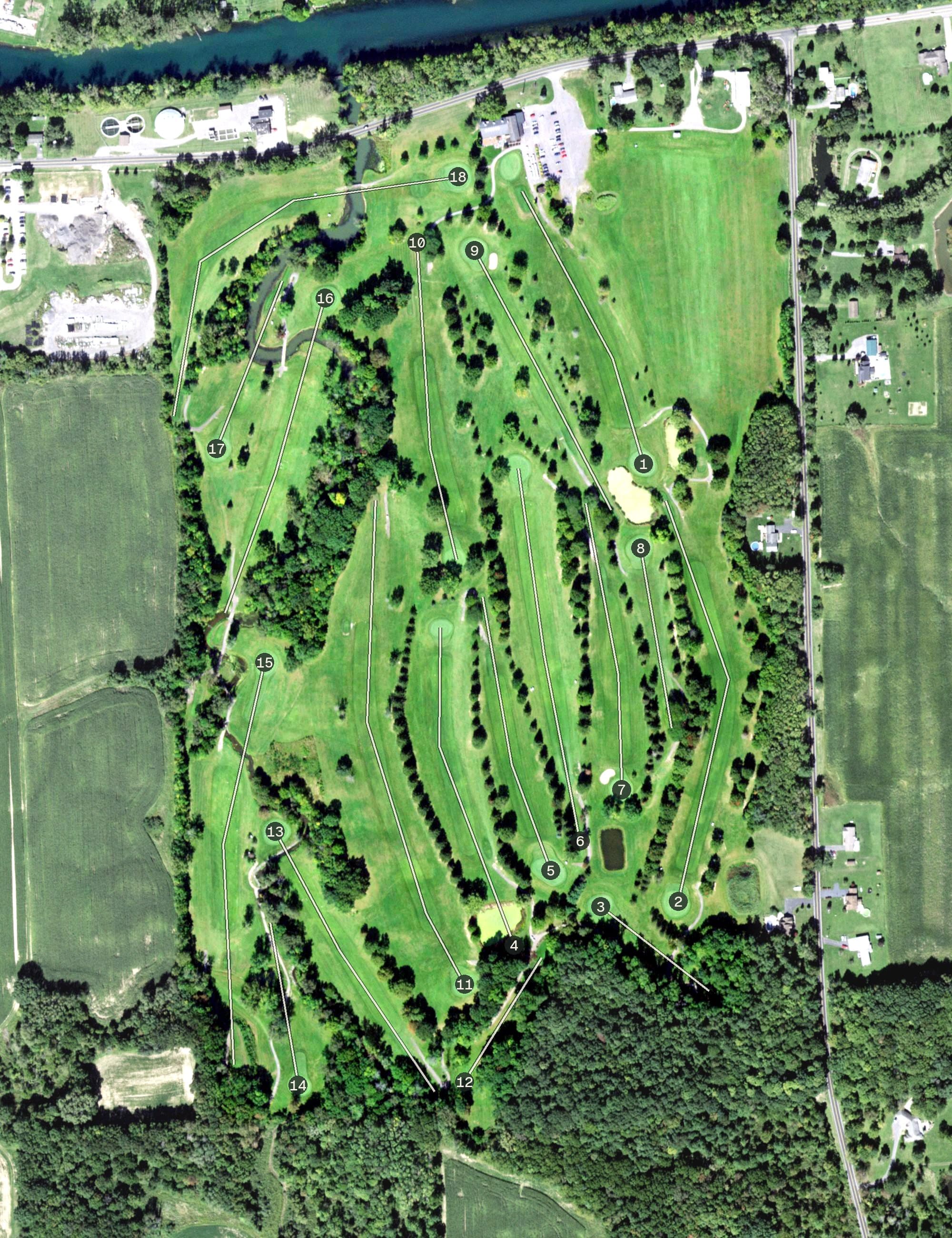 Aerial view of Silver Creek Golf Club, NY, with its hole routing marked