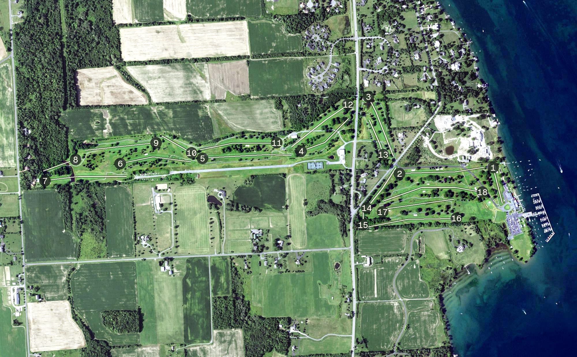 Aerial view of Skaneateles Country Club, NY, with its hole routing marked