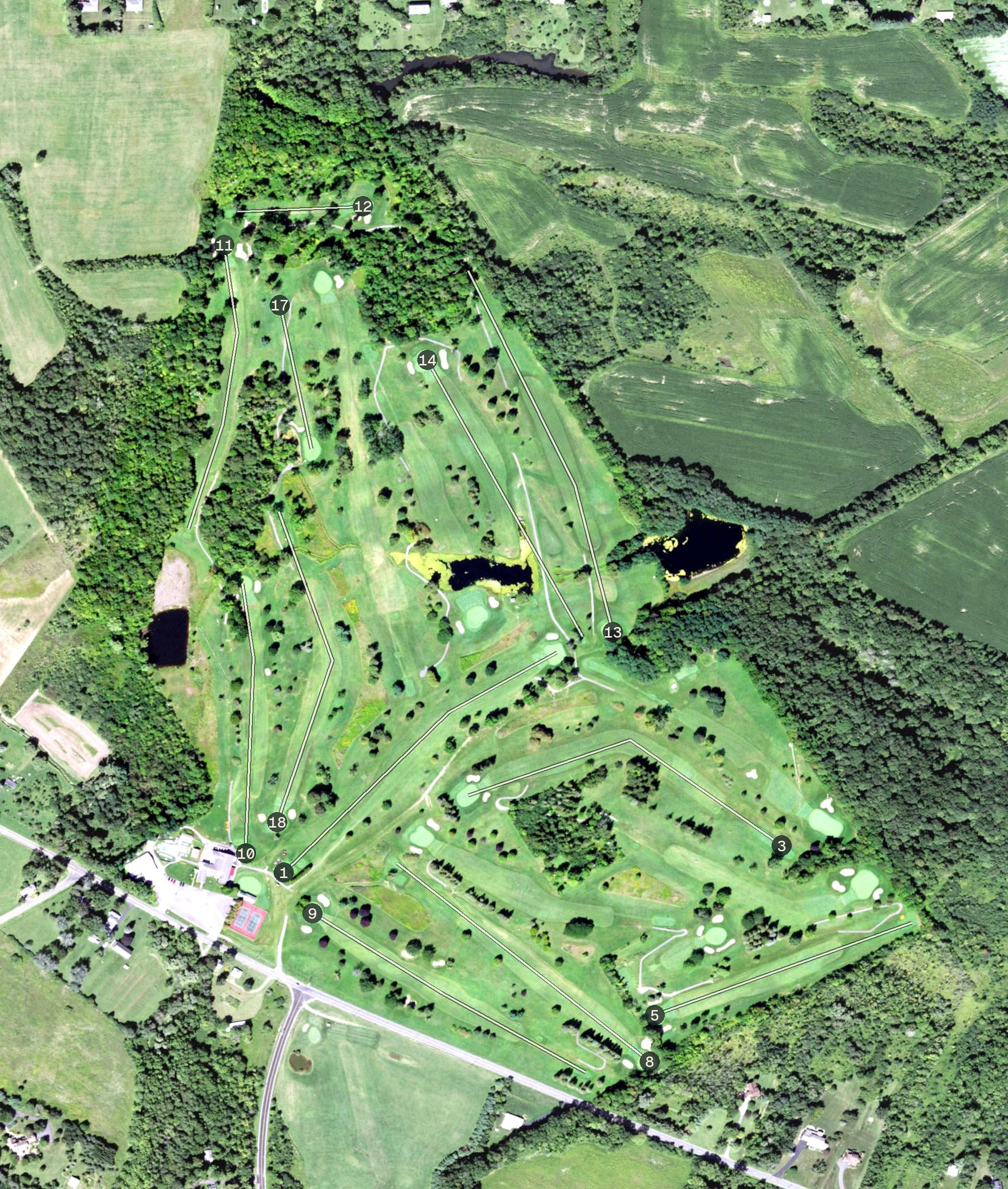 Aerial view of Skenandoa Country Club, NY, with its hole routing marked