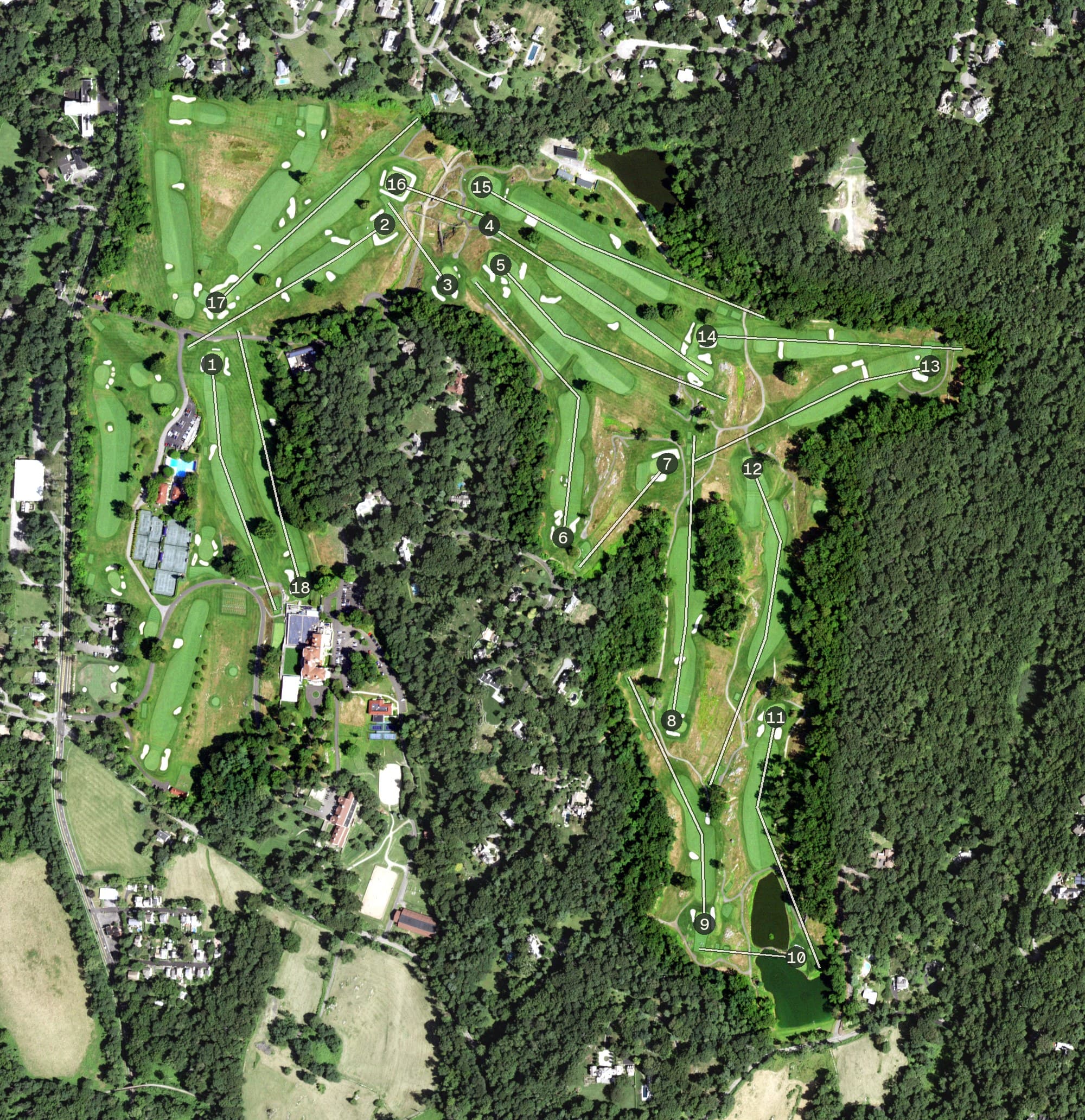 Aerial view of Sleepy Hollow Country Club, NY, with its hole routing marked
