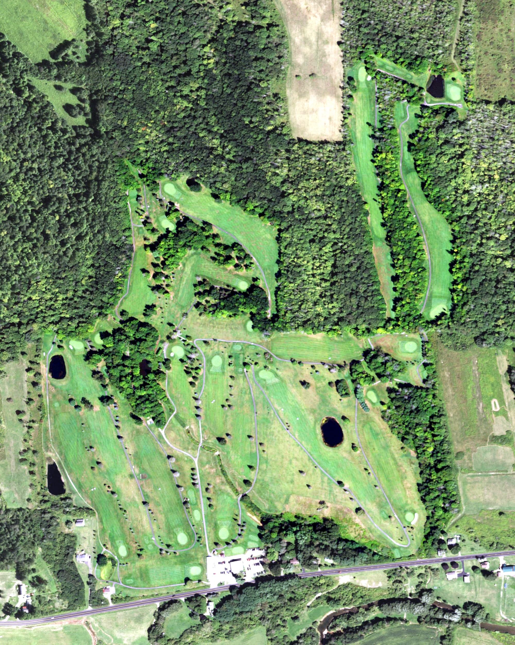 Aerial view of South Hills Country Club, NY, with its hole routing marked