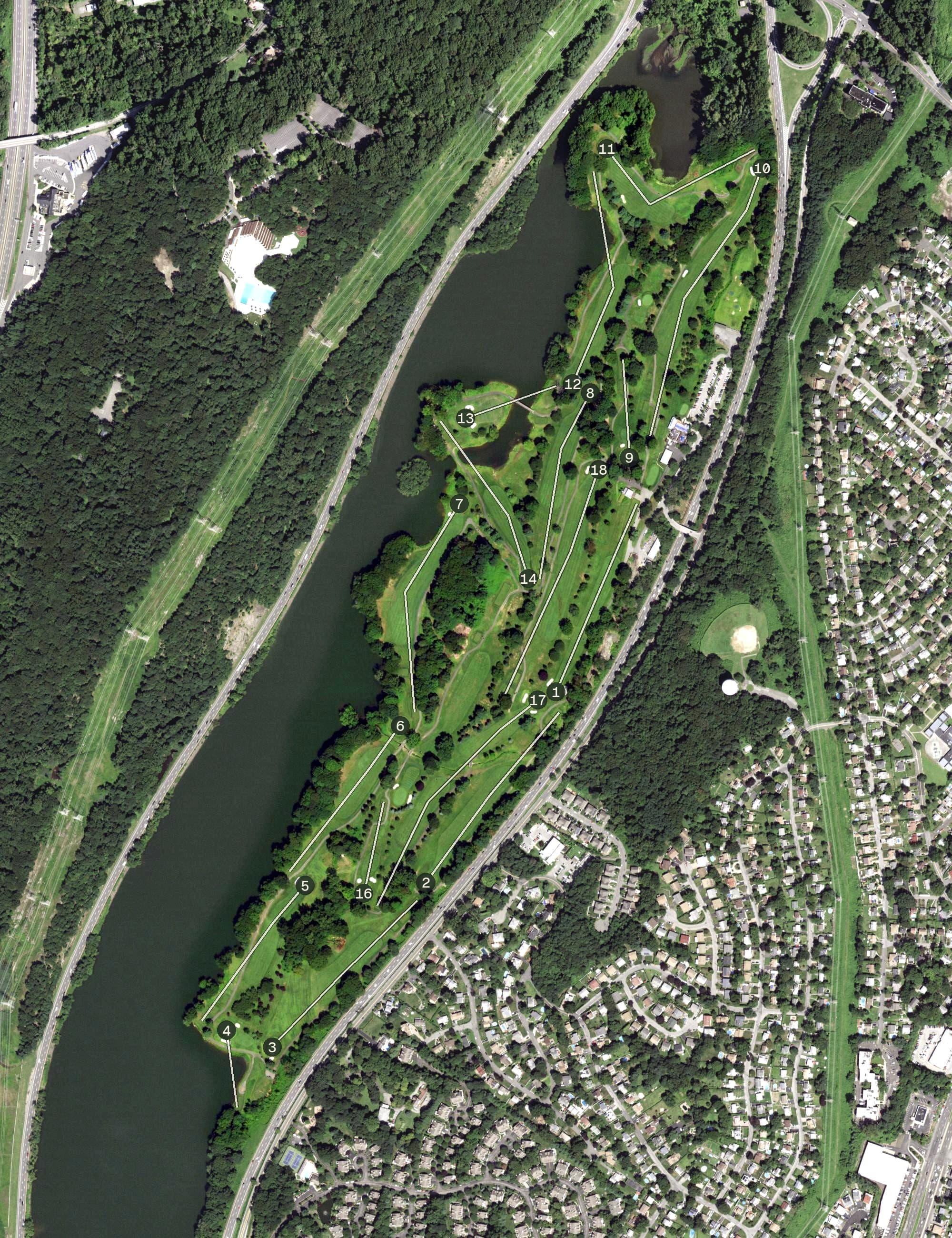 Aerial view of Sprain Lake Golf Course, NY, with its hole routing marked