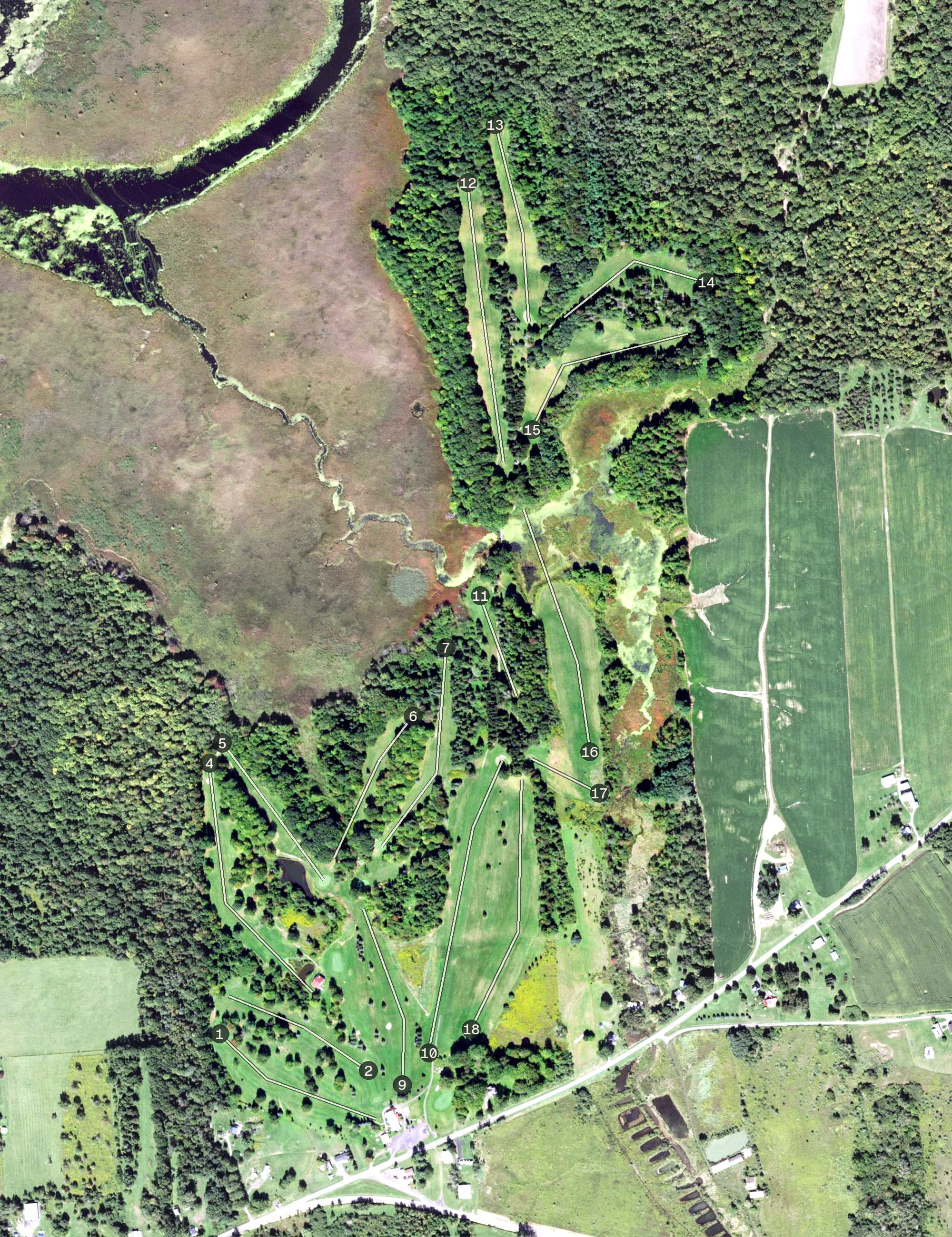 Aerial view of Springbrook Greens State Golf Course, NY, with its hole routing marked