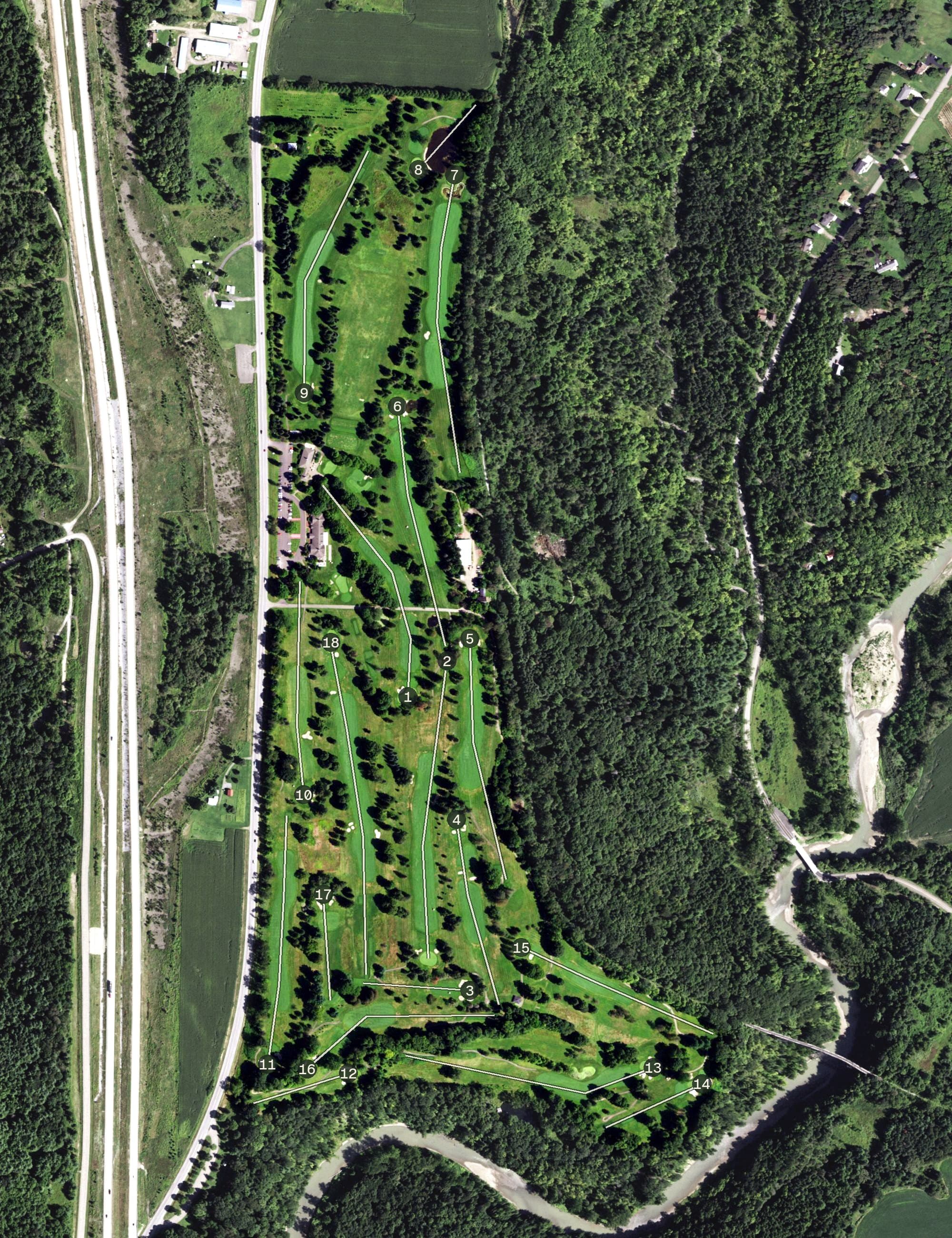 Aerial view of Springville Country Club, NY, with its hole routing marked