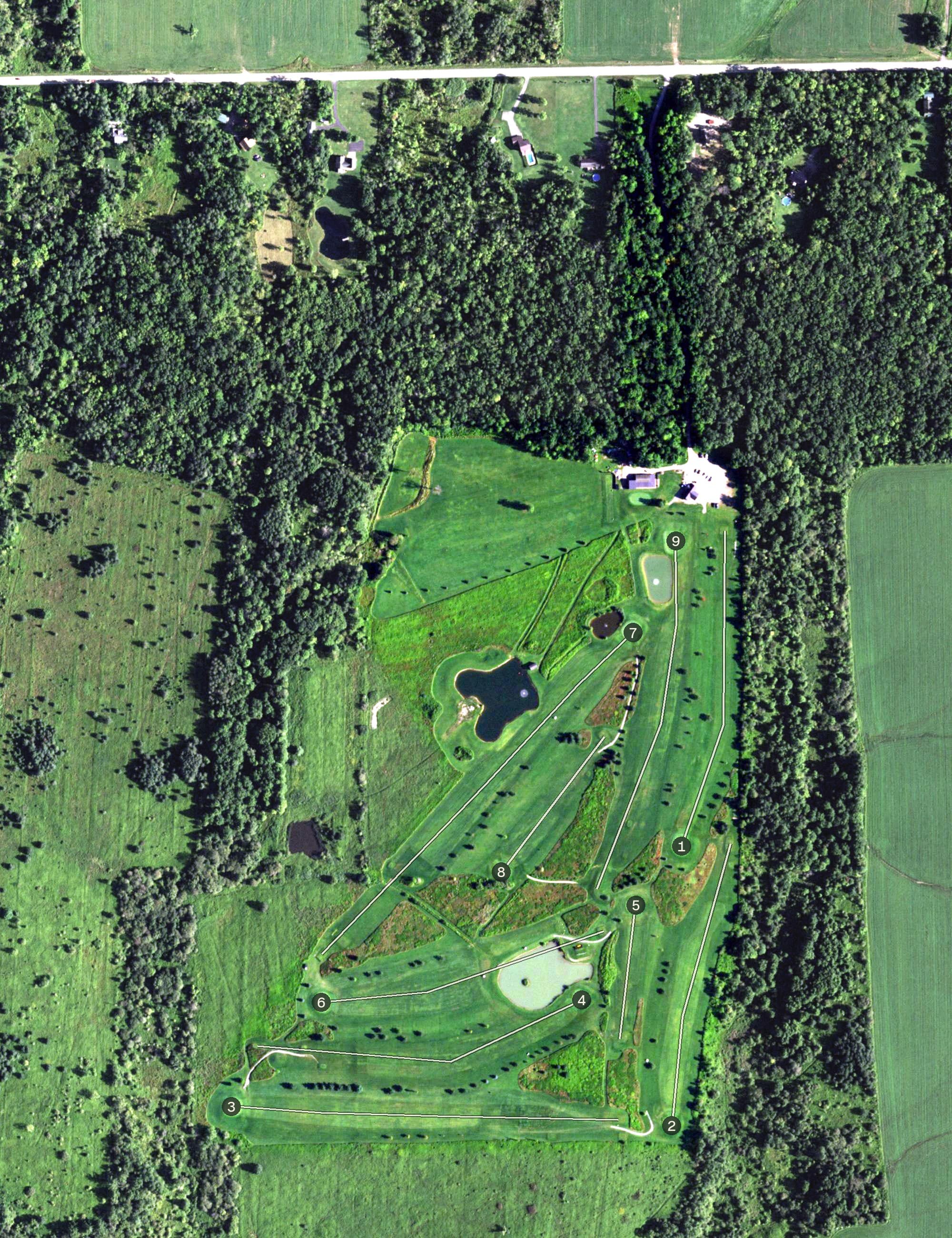 Aerial view of Spruce Ridge Golf Course, NY, with its hole routing marked