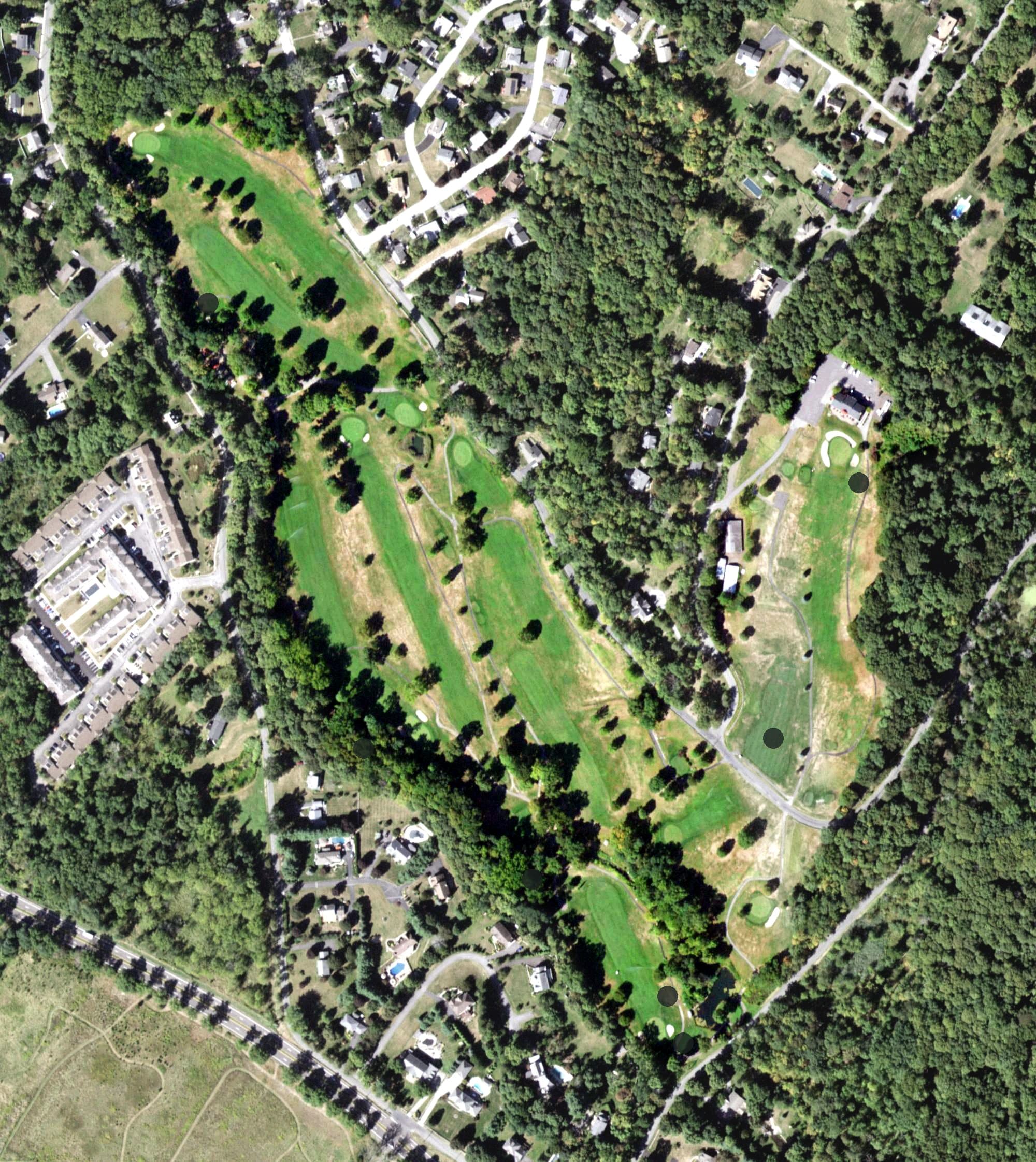 Aerial view of Storm King Golf Club, NY, with its hole routing marked