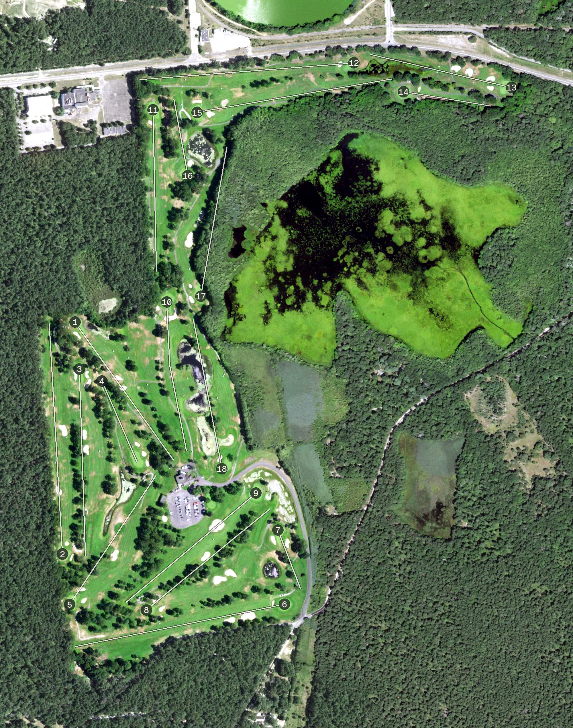Aerial view of Swan Lake Golf Club, NY, with its hole routing marked