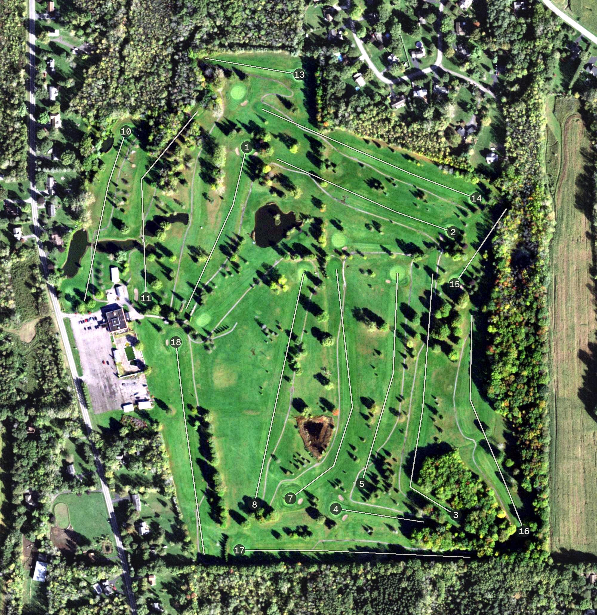 Aerial view of Sycamore Golf Club, NY, with its hole routing marked