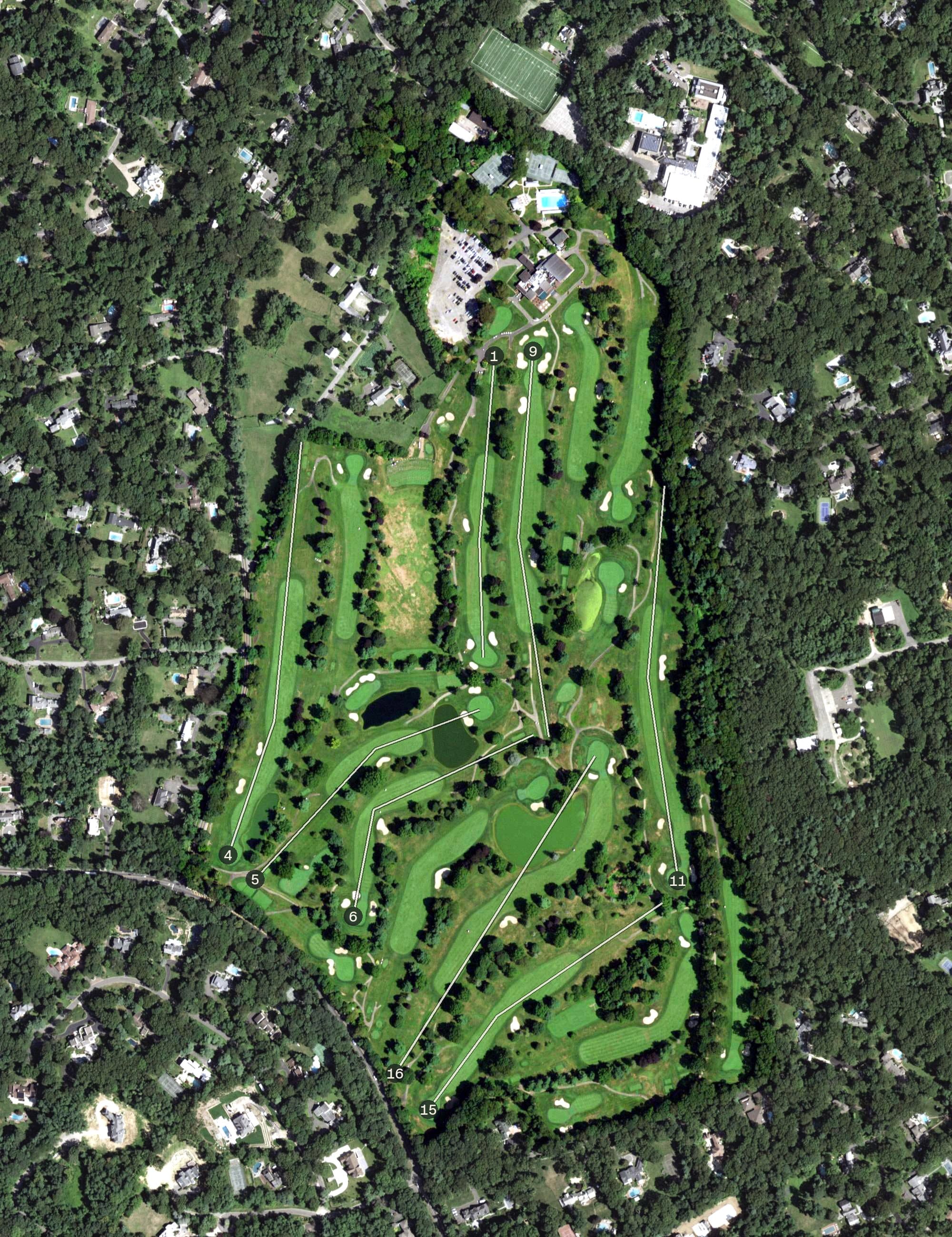 Aerial view of Tam O'Shanter Country Club, NY, with its hole routing marked