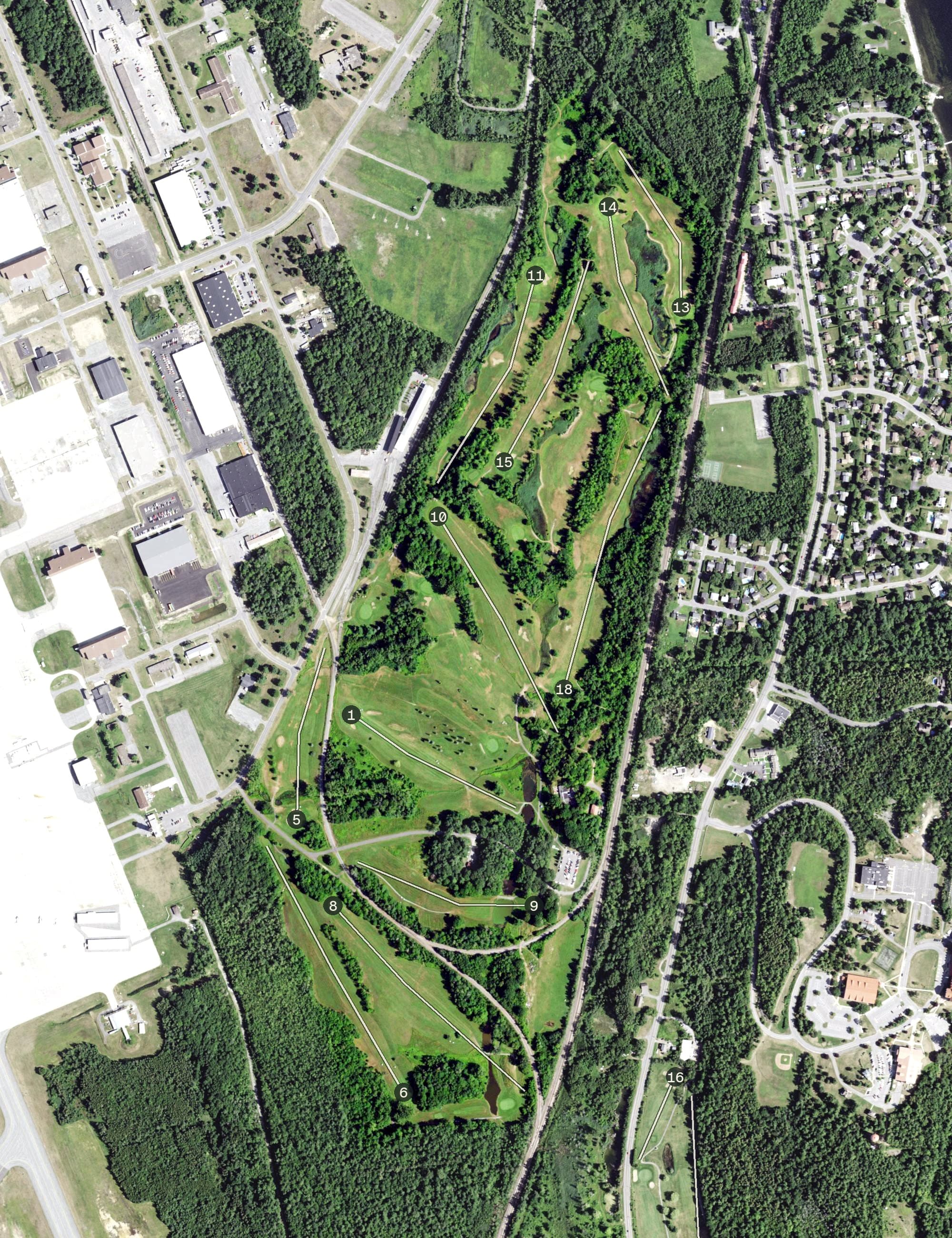 Aerial view of The Barracks Golf Course, NY, with its hole routing marked