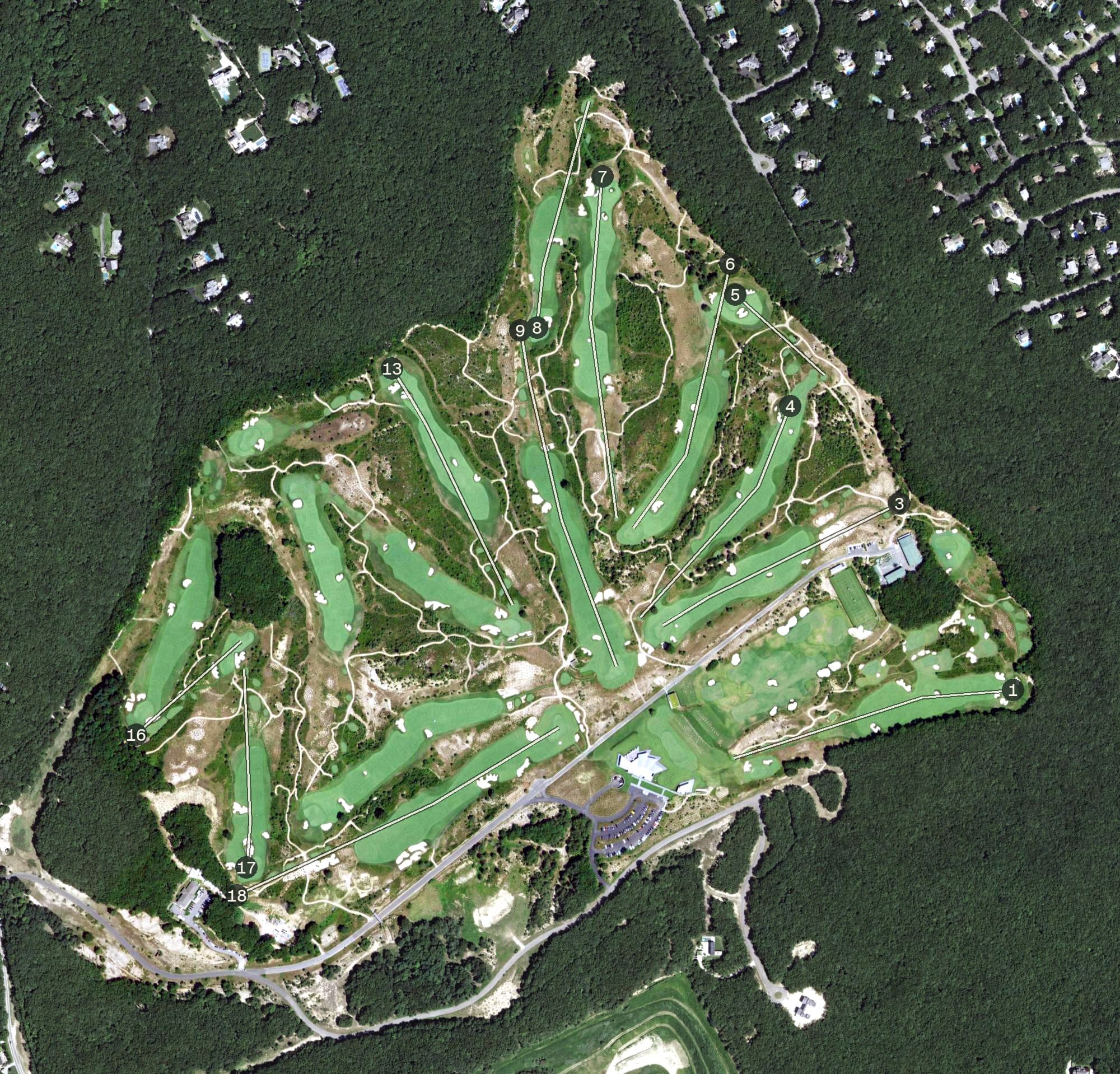 Aerial view of The Bridge Golf Club, NY, with its hole routing marked