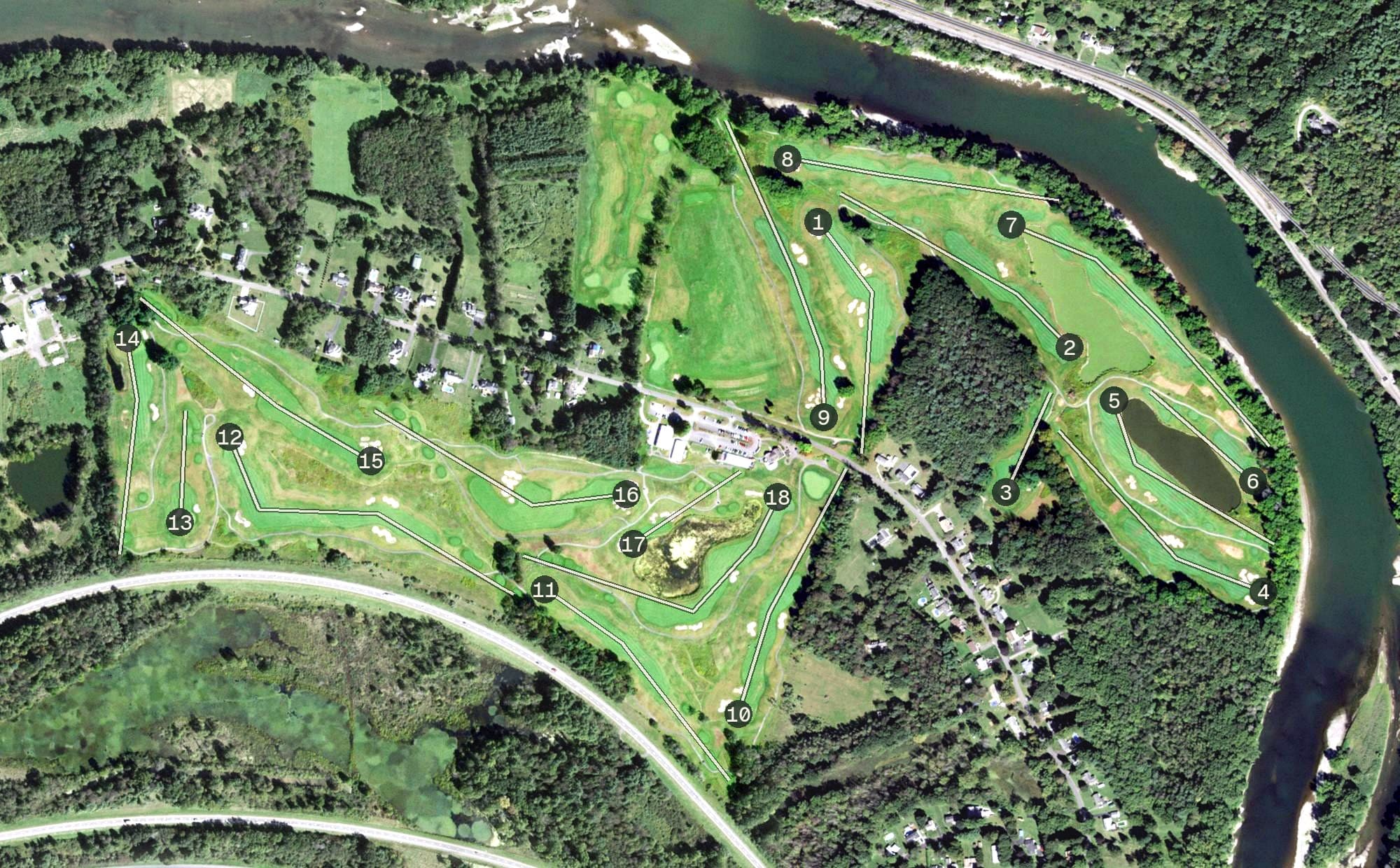 Aerial view of The Links at Hiawatha Landing, NY, with its hole routing marked