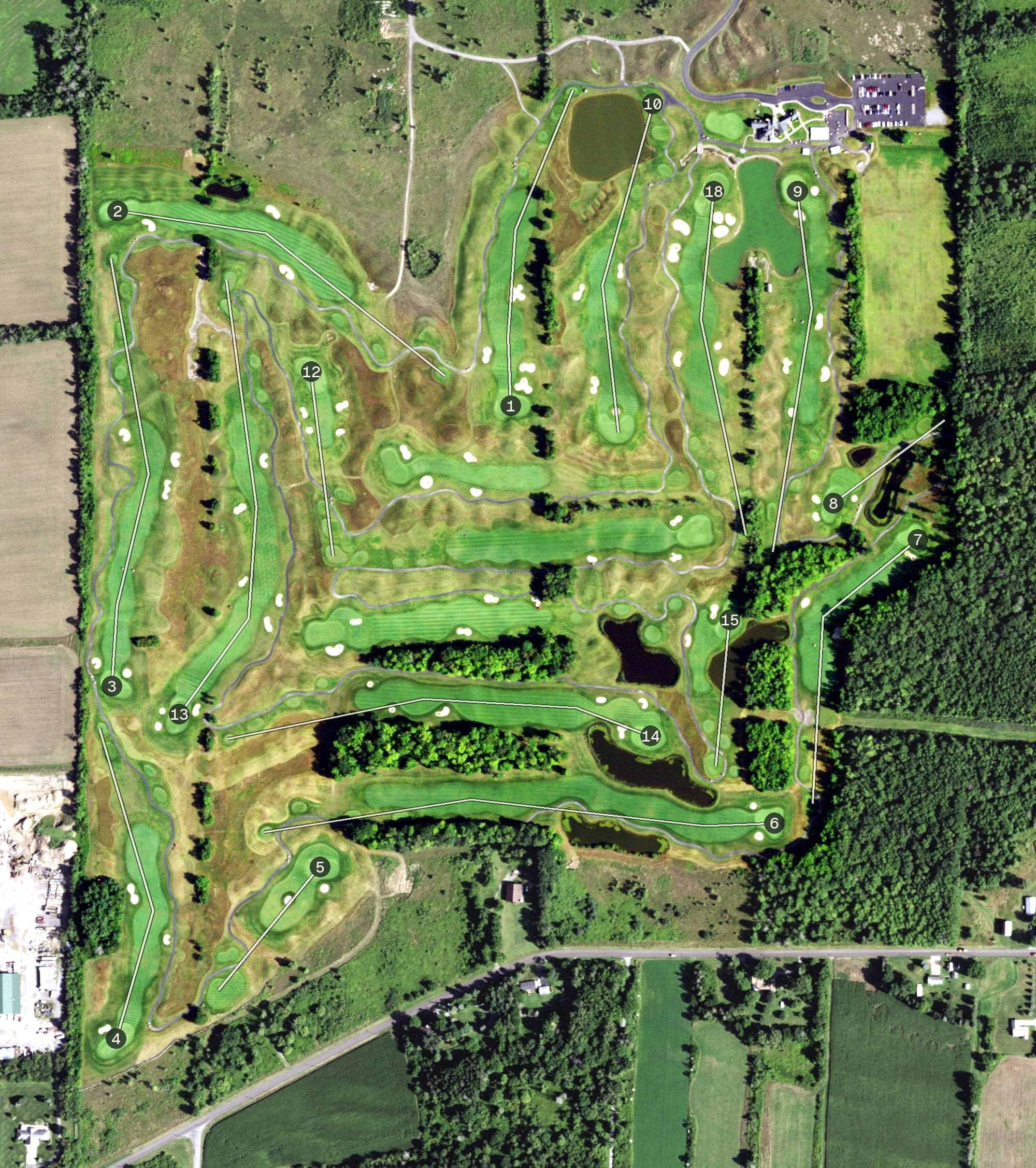 Aerial view of The Links at Ivy Ridge, NY, with its hole routing marked